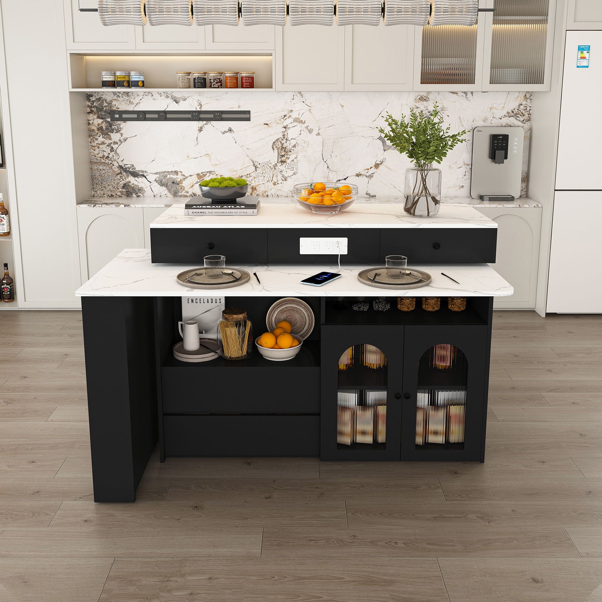 Retro Kitchen Island Set With Chairs, Extendable & Rotating Table, 4 Drawers & Door Cabinets