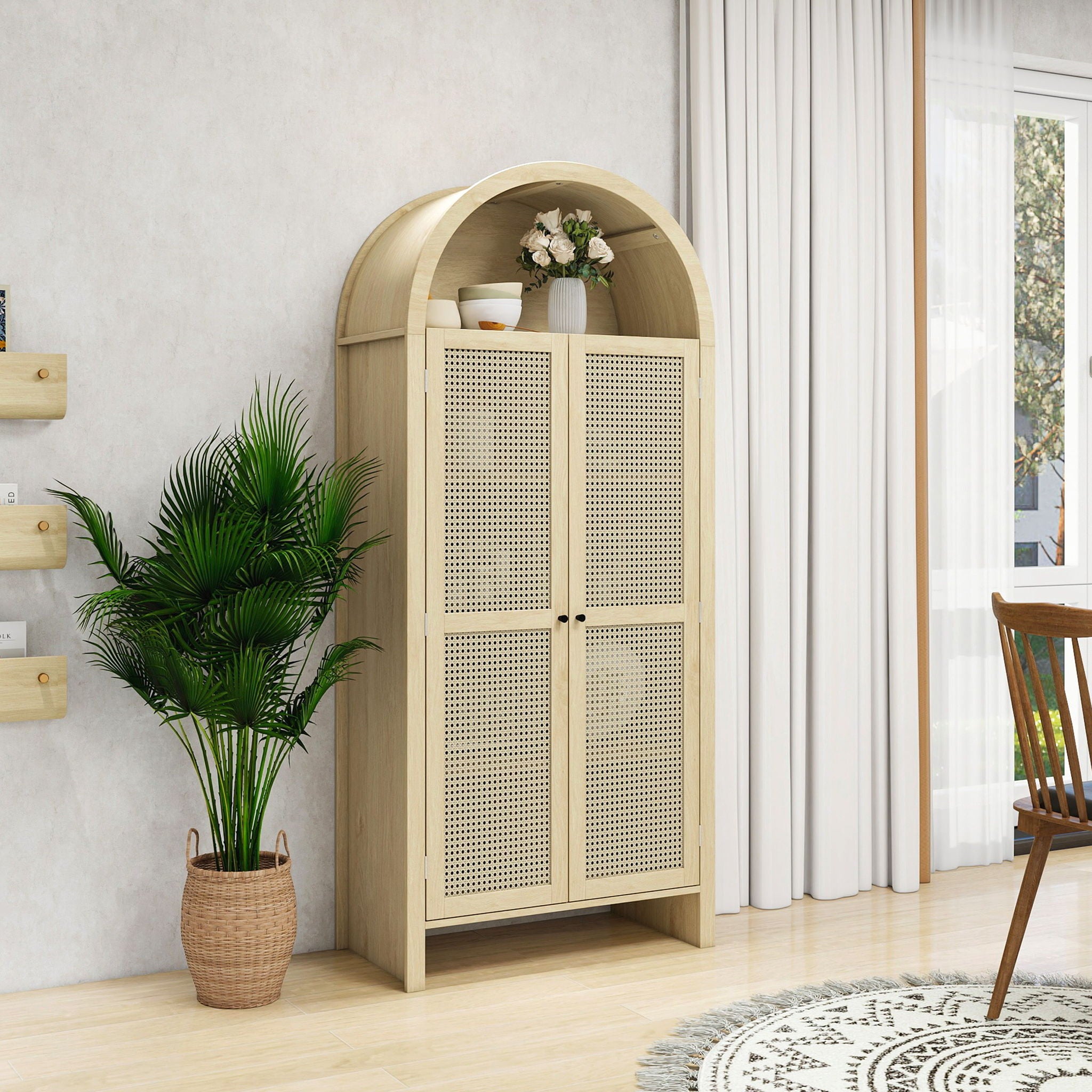 Tall Arched Kitchen Pantry, Arched Storage Display Cabinet With 2 Drawers & Adjustable Shelves, Rattan Door Versatile Storage Cabinet For Kitchen, Dining Room - Natural