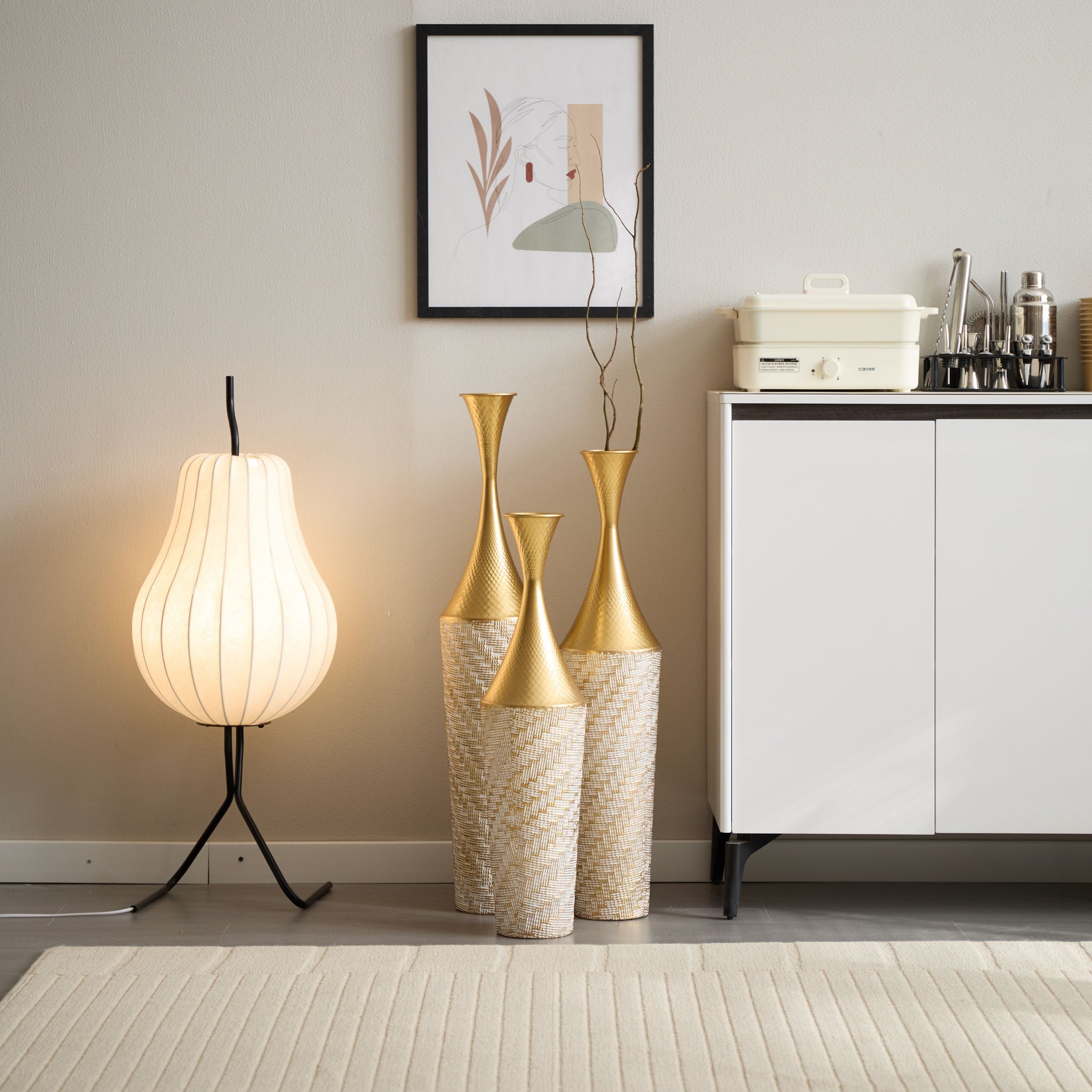 Floor Metal Vase Modern Style Decoration Home Woven Pattern Metal Vase 3 Piece Set Gorgeous Home Decoration Large Glazed Metal Vase - Champagne