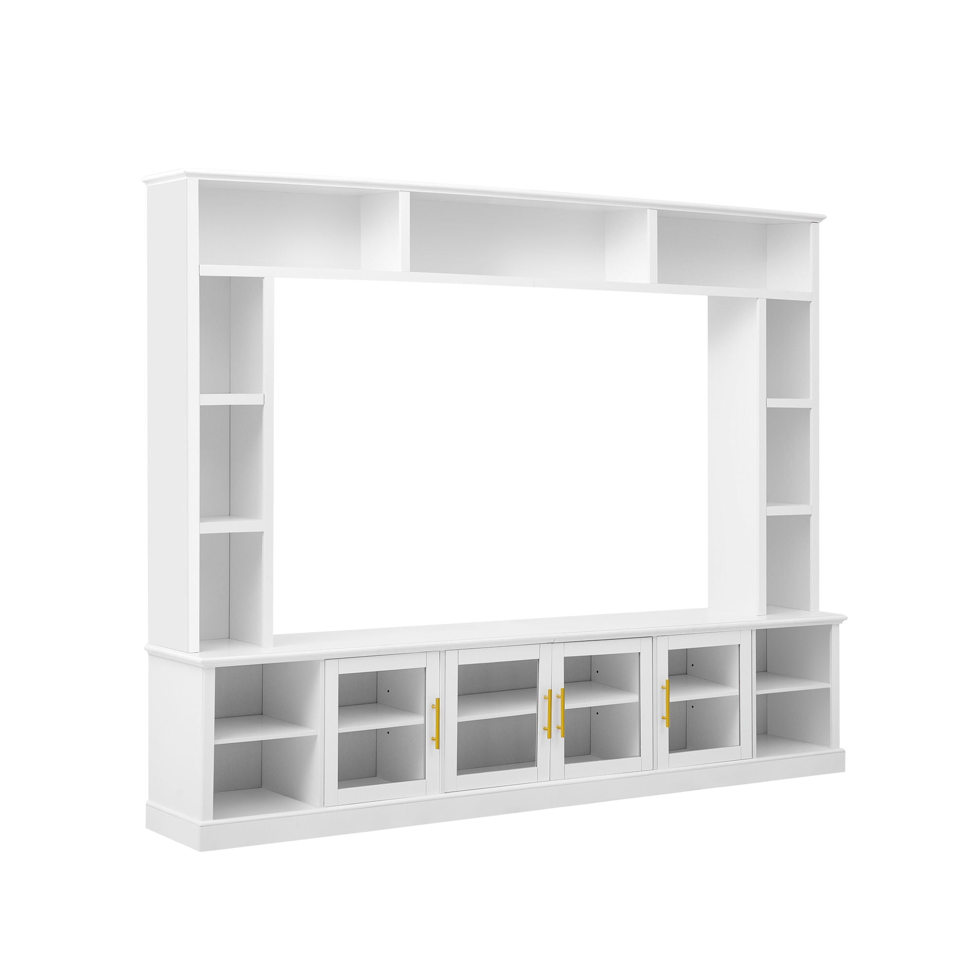 All-In-One Entertainment Center With Bookshelves & Tempered Glass Doors, TV Console Unit For Living Room