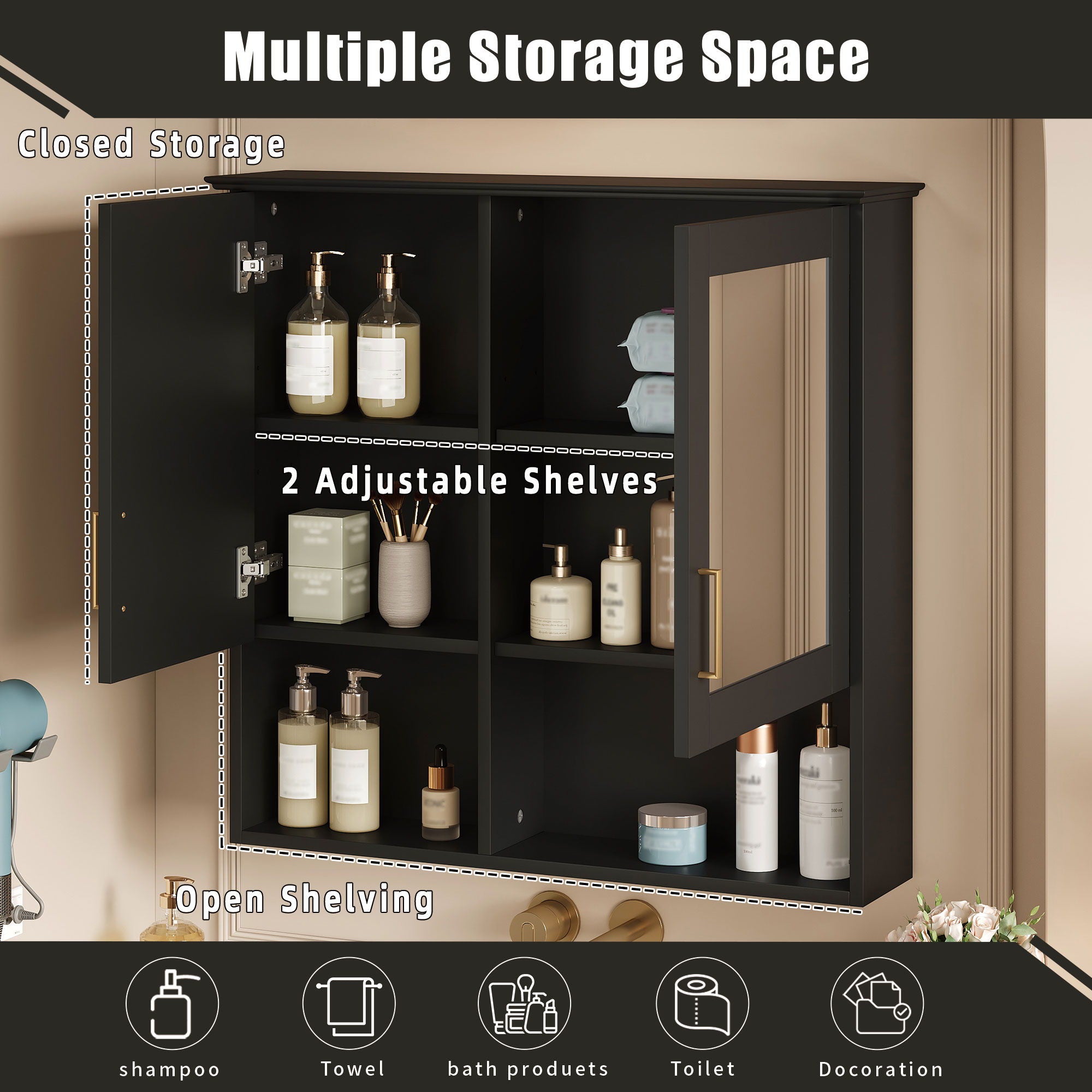 2 In 1 Wall-Mounted Mirror Cabinet With Adjustable Shelves, Soft-Close Doors, High-Definition Mirror & Storage