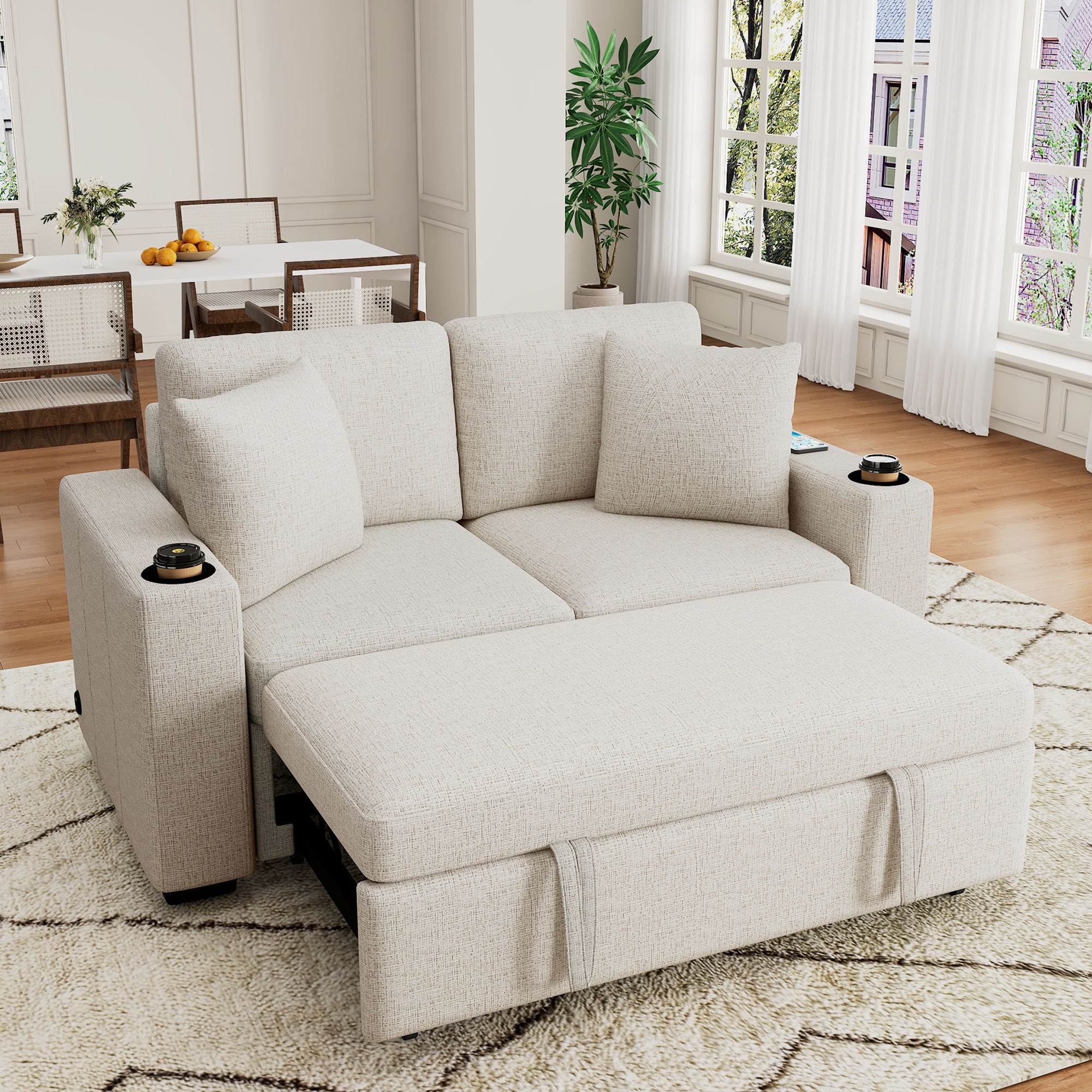 Modern 2 Seater Loveseat Sofa With Pull-Out Bed, Fabric, Built-In USB Ports & Cup Holders