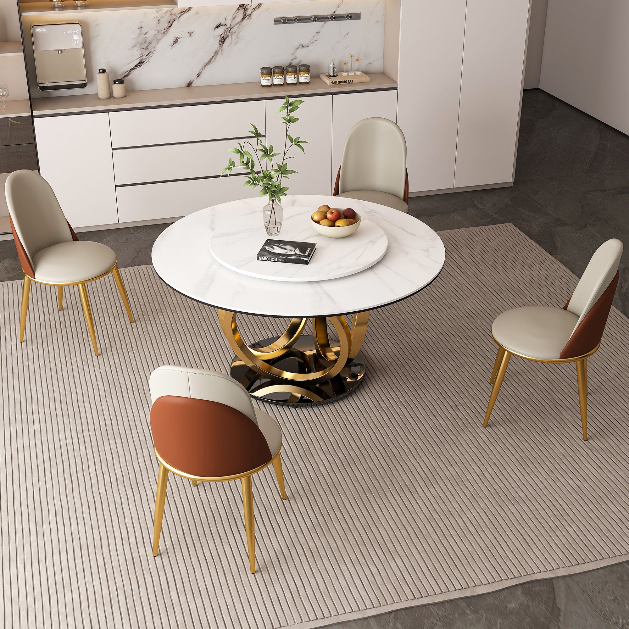 Round Dining Table With 360° Smooth Lazy Susan For Dining Room - Gold / Black / White