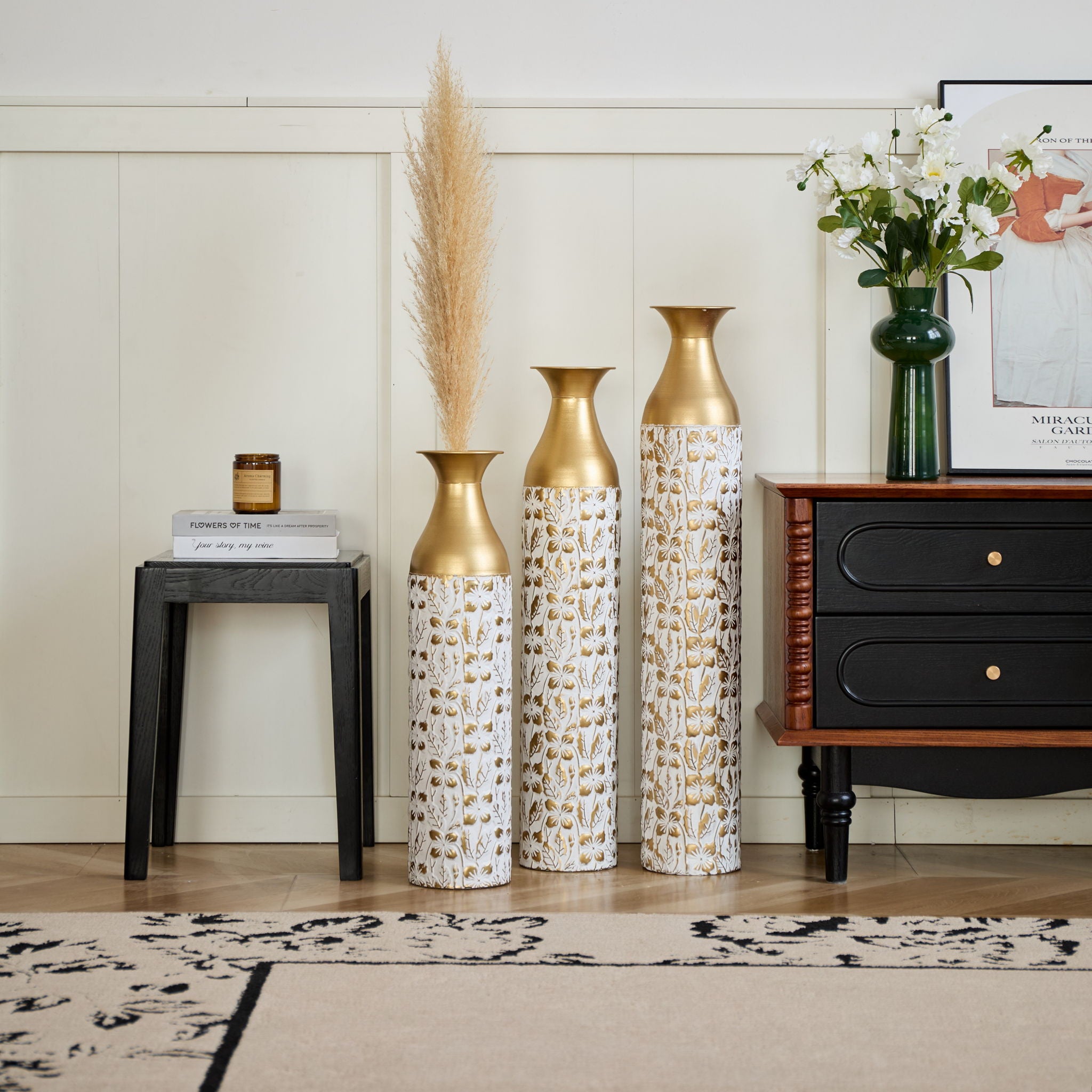 Mother's Day Gift Set Gilded White 3D Relief Flower Metal Vase Set - White / Gold