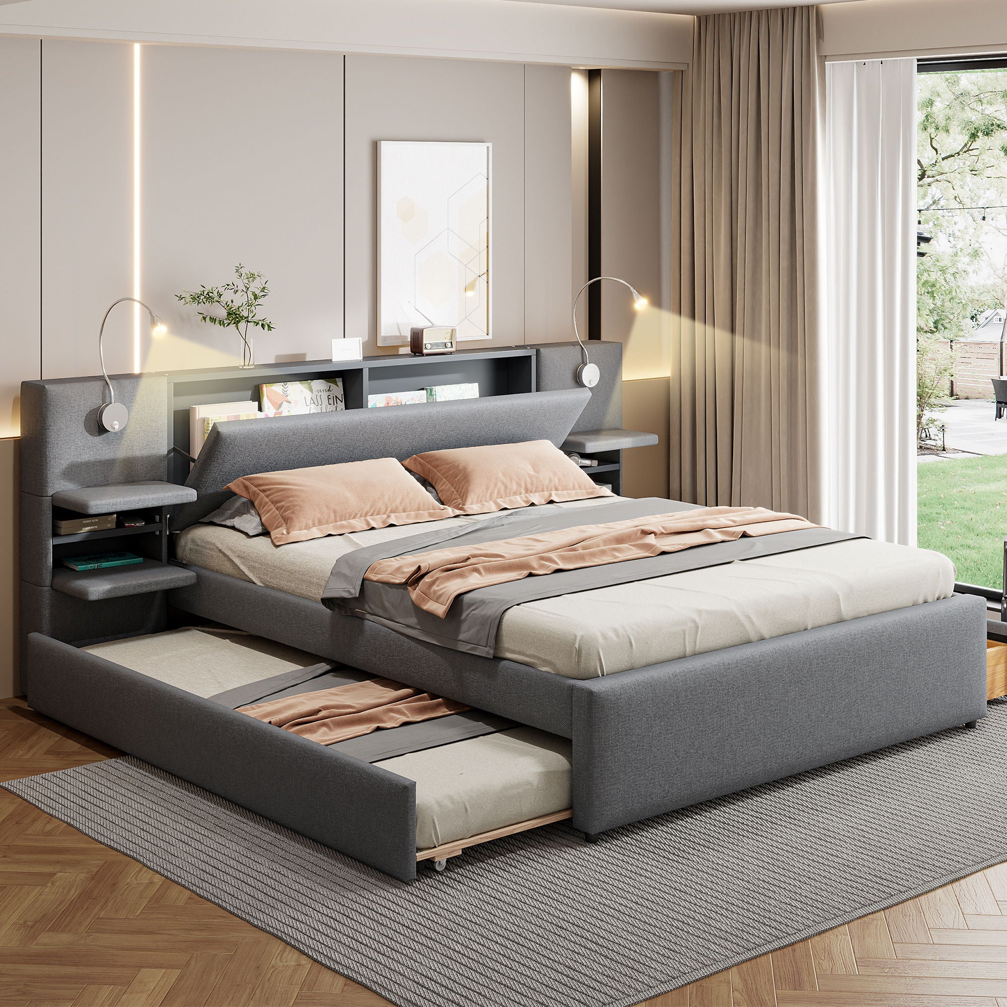 Upholstered Platform Bed With Reading Lights, Drawers, Trundle And Shelves
