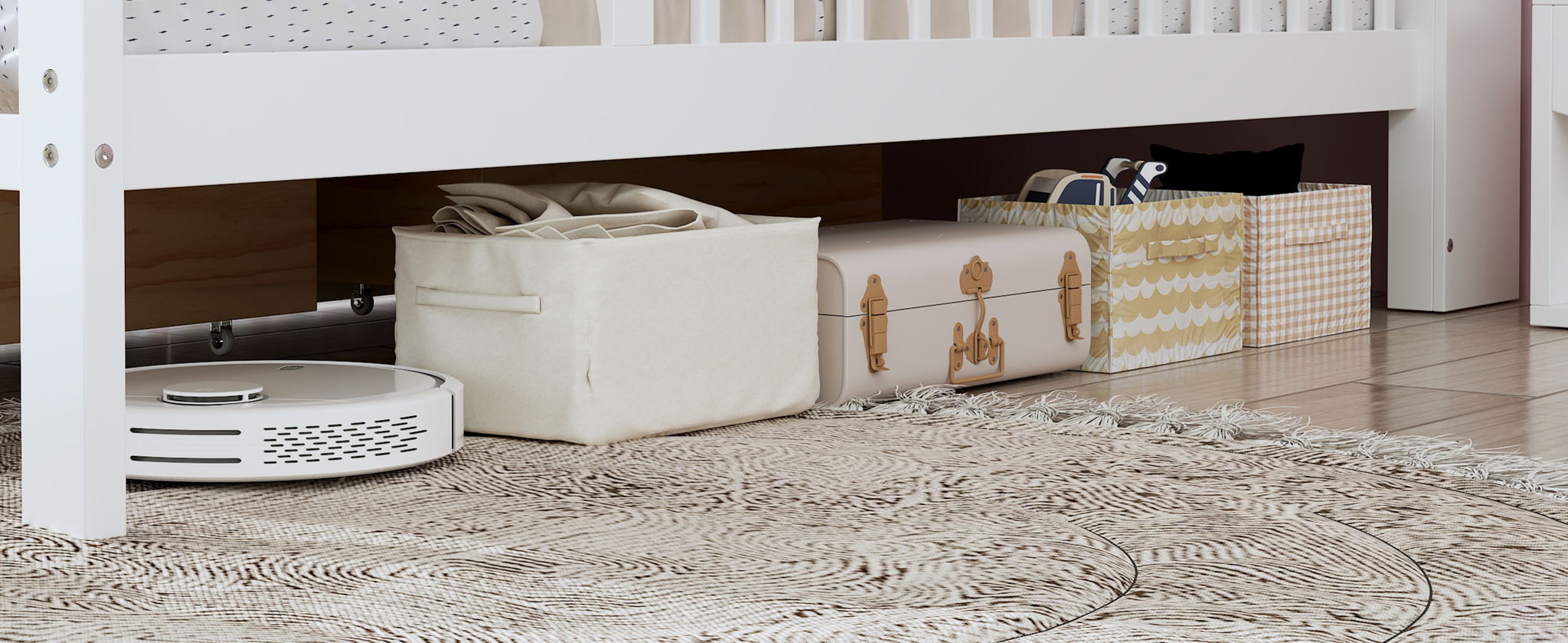 Bed With Headboard Storage Rack, 2 Under Bed Drawers, 3 Side Guardrails For Safety