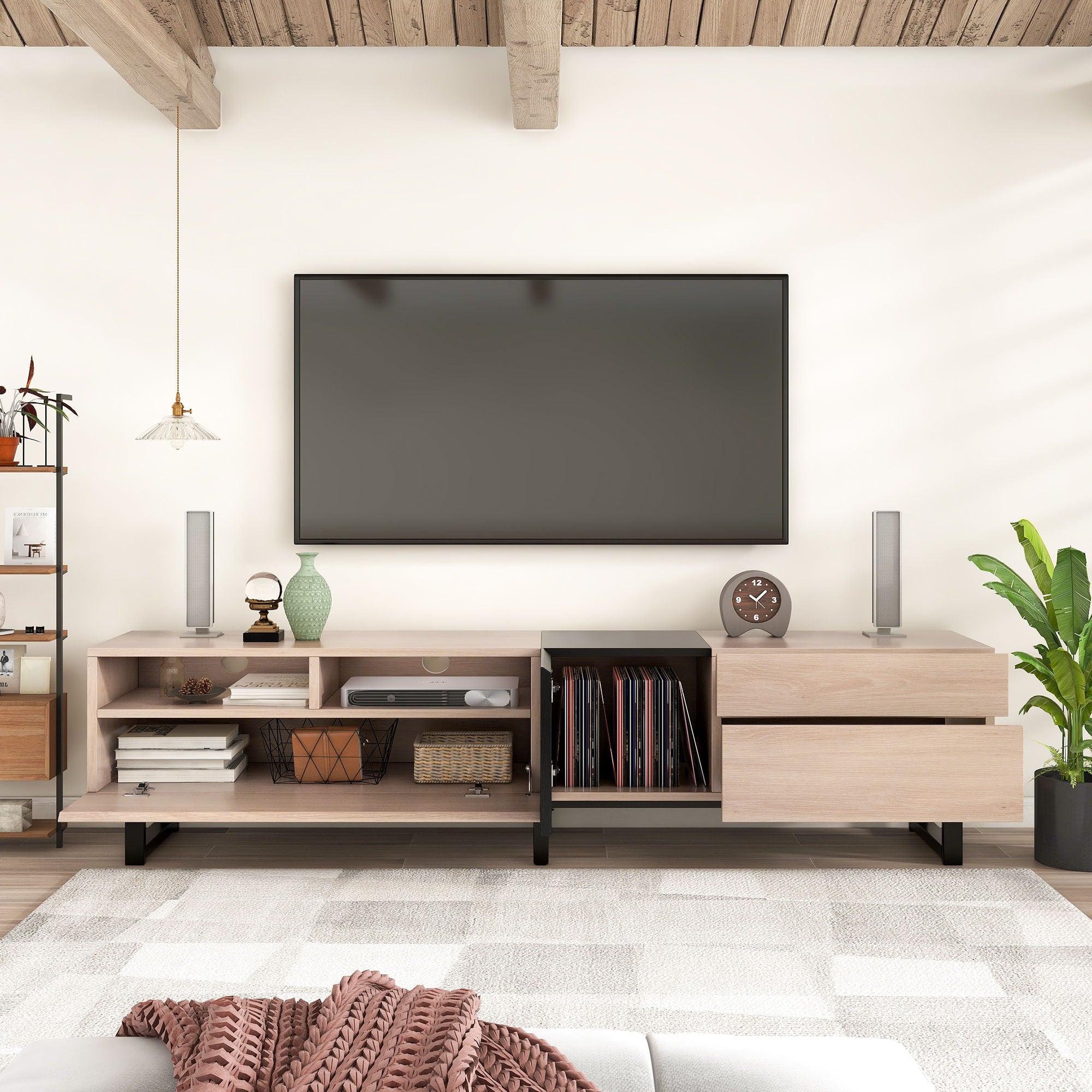 TV Stand For 80'' TV With Double Storage Space, Media Console Table With Drop Down Door