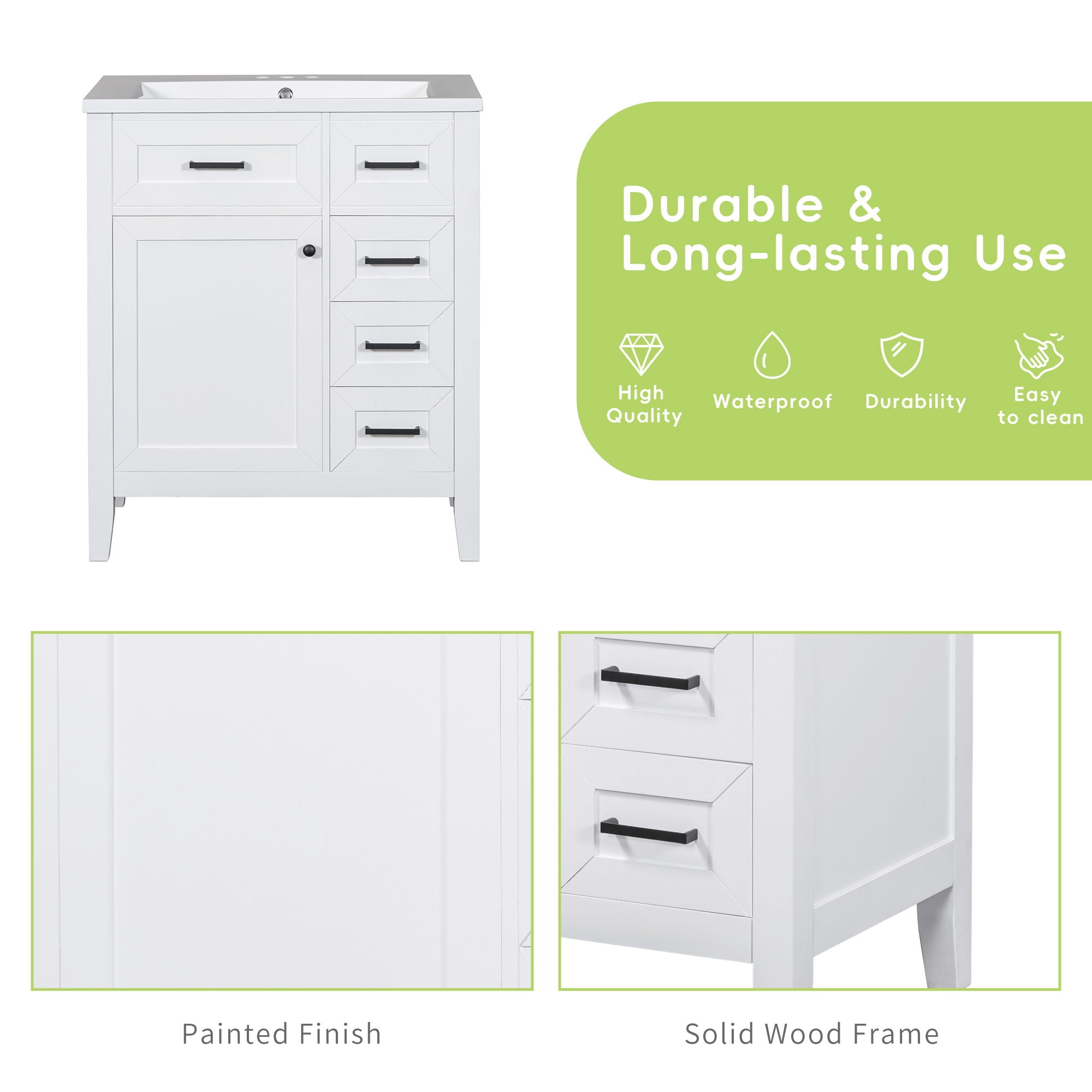 Modern Bathroom Vanity With Sink Combo, 3 Drawers, Undermount Drop-In Sink