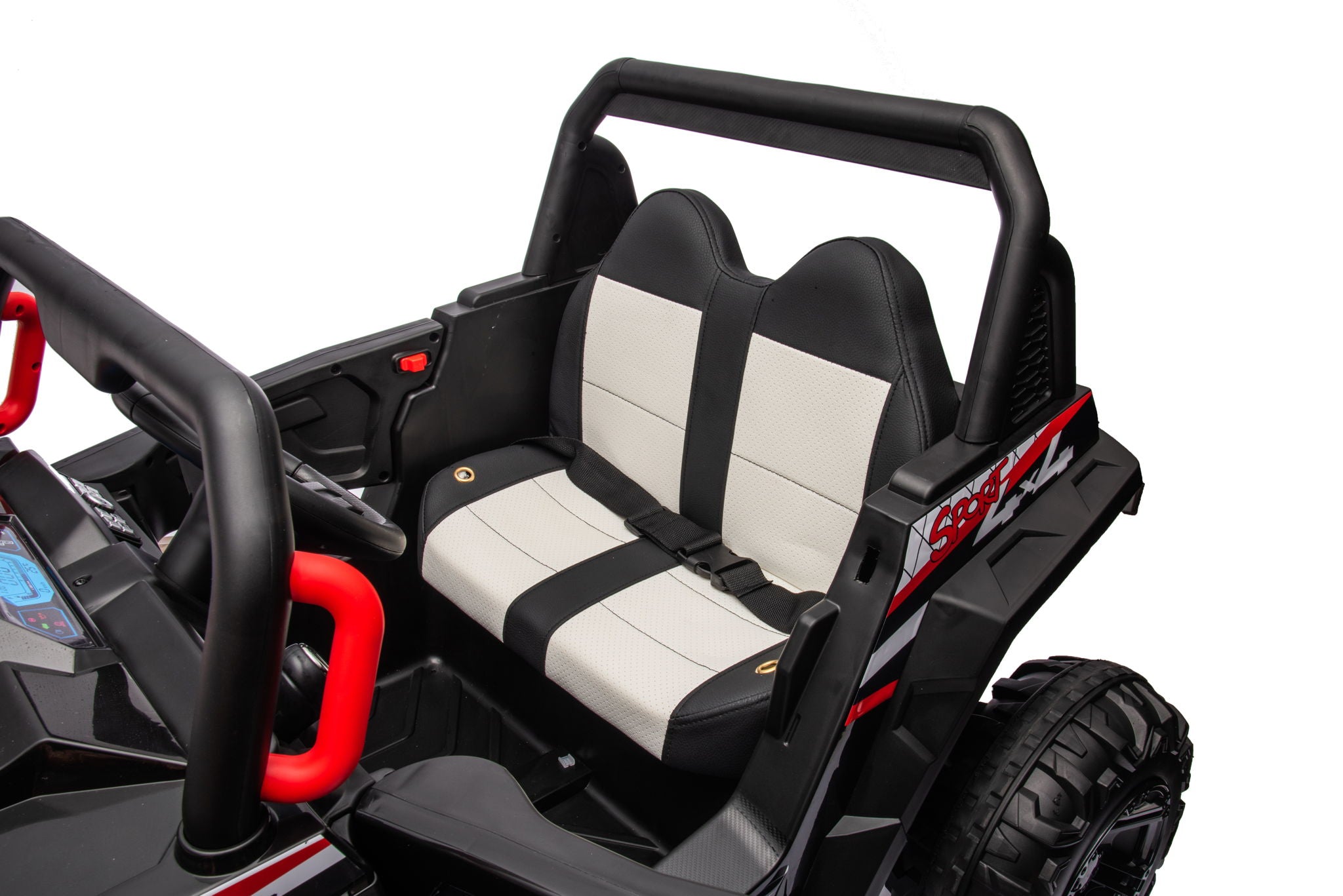 12V7A*1 30W*4 Four-Wheel Drive Seat One Button Start, Forward And Backward, High And Low Speed, Music, Front Light, Power Display, Two Doors Can Open, 2.4G R / C, Seat Belt Four Wheel Absorber