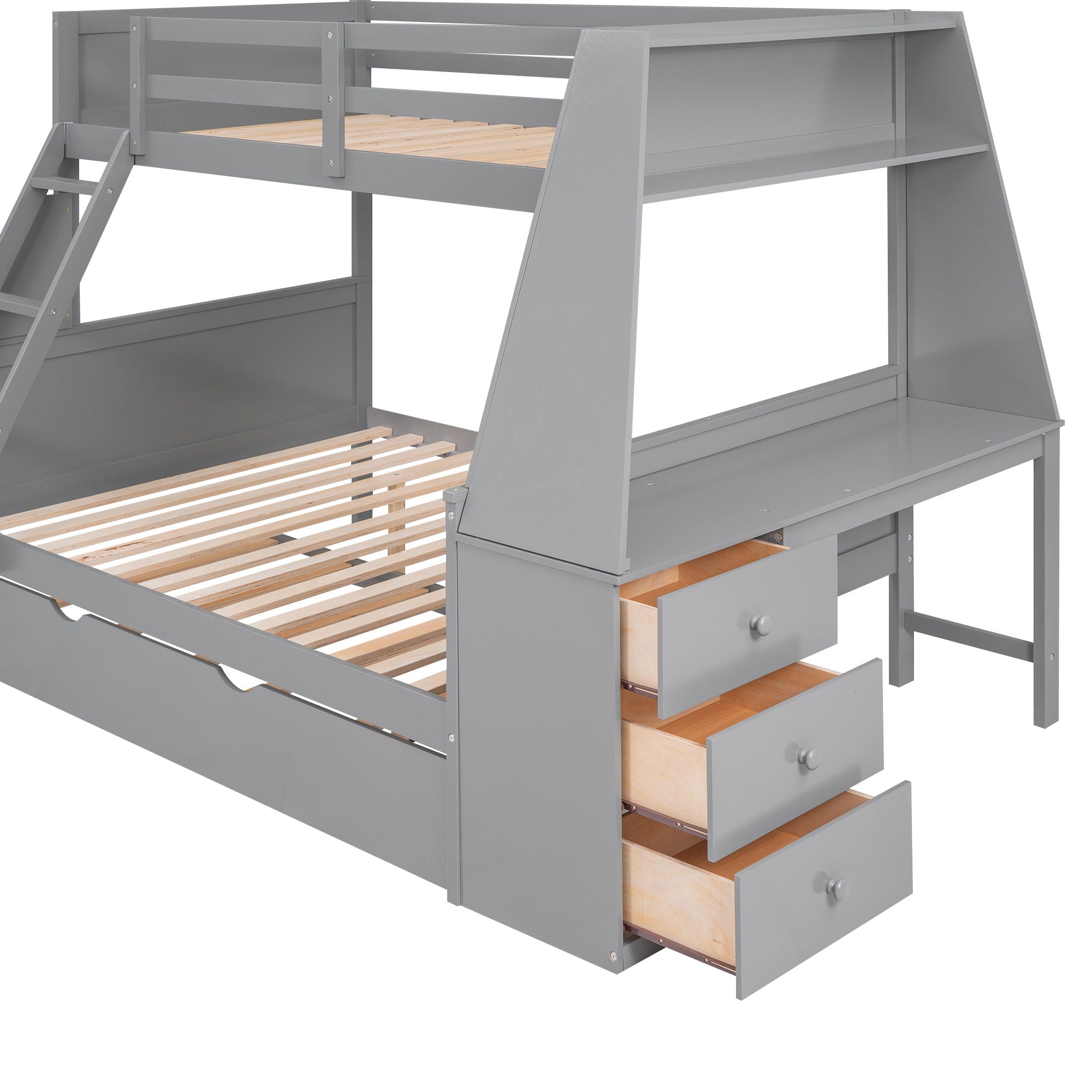 Bunk Bed With Trundle And Built In Desk, 3 Storage Drawers And Shelf