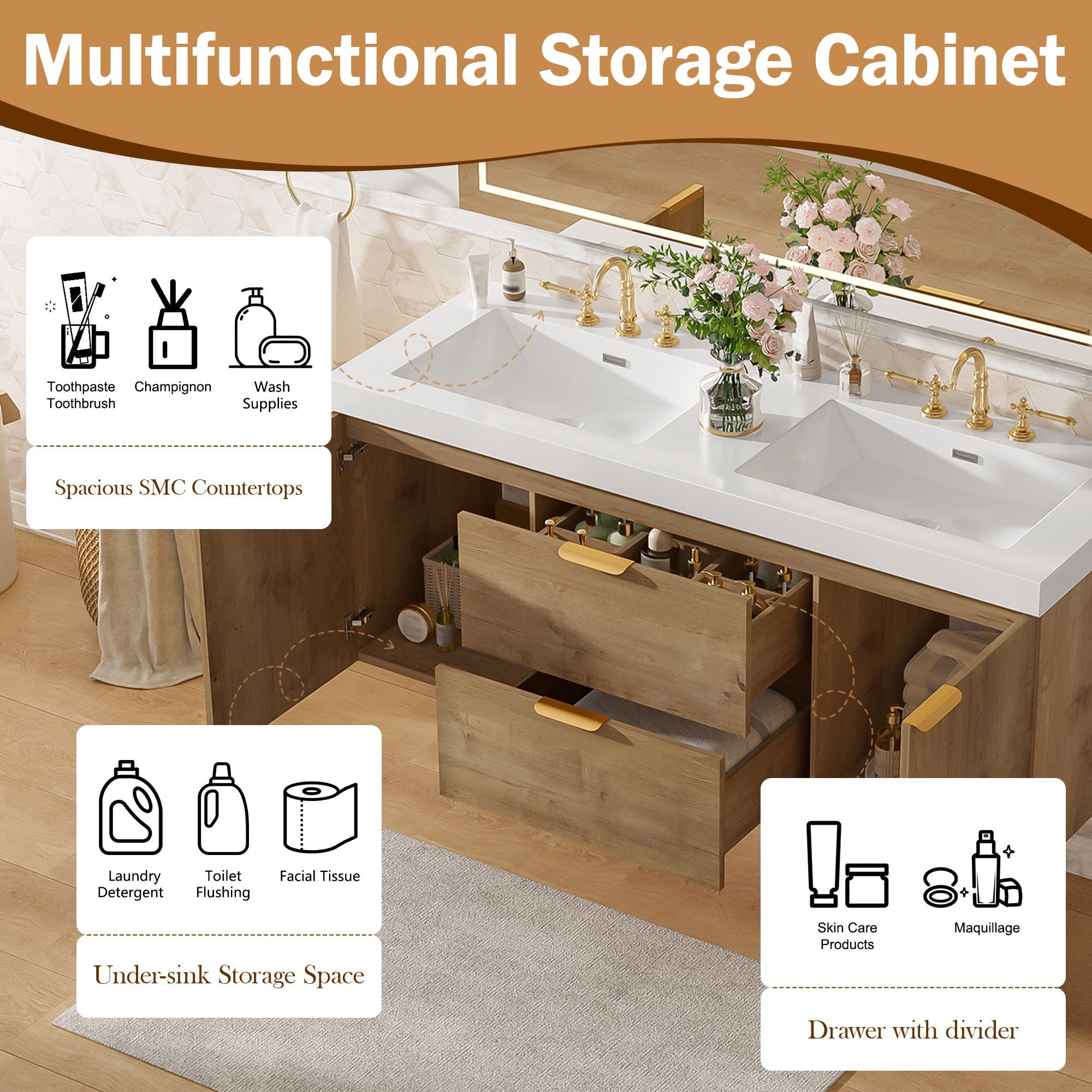 Double Sink Bathroom Vanity Soft Close Doors, Divided Drawers, Wall Mounted - Wood