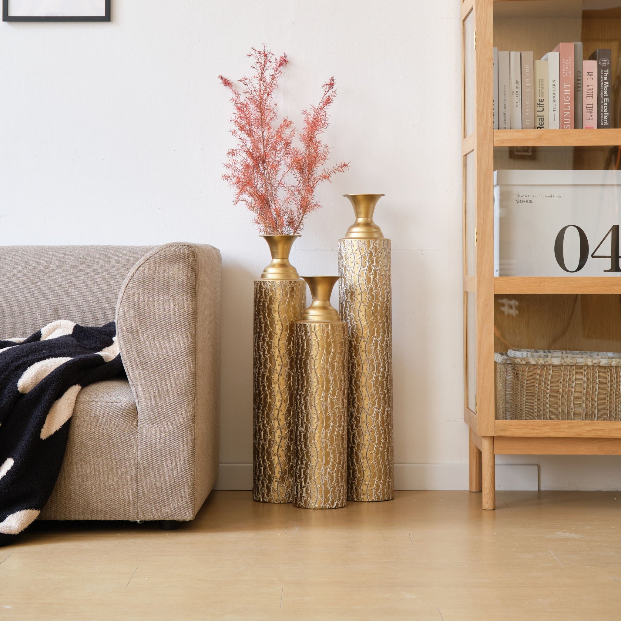 Metal Decorative Vases High Distress Metal Center Vases With Growing Vine Patterns, (Set of 3) Vases For Home Decoration - Gold