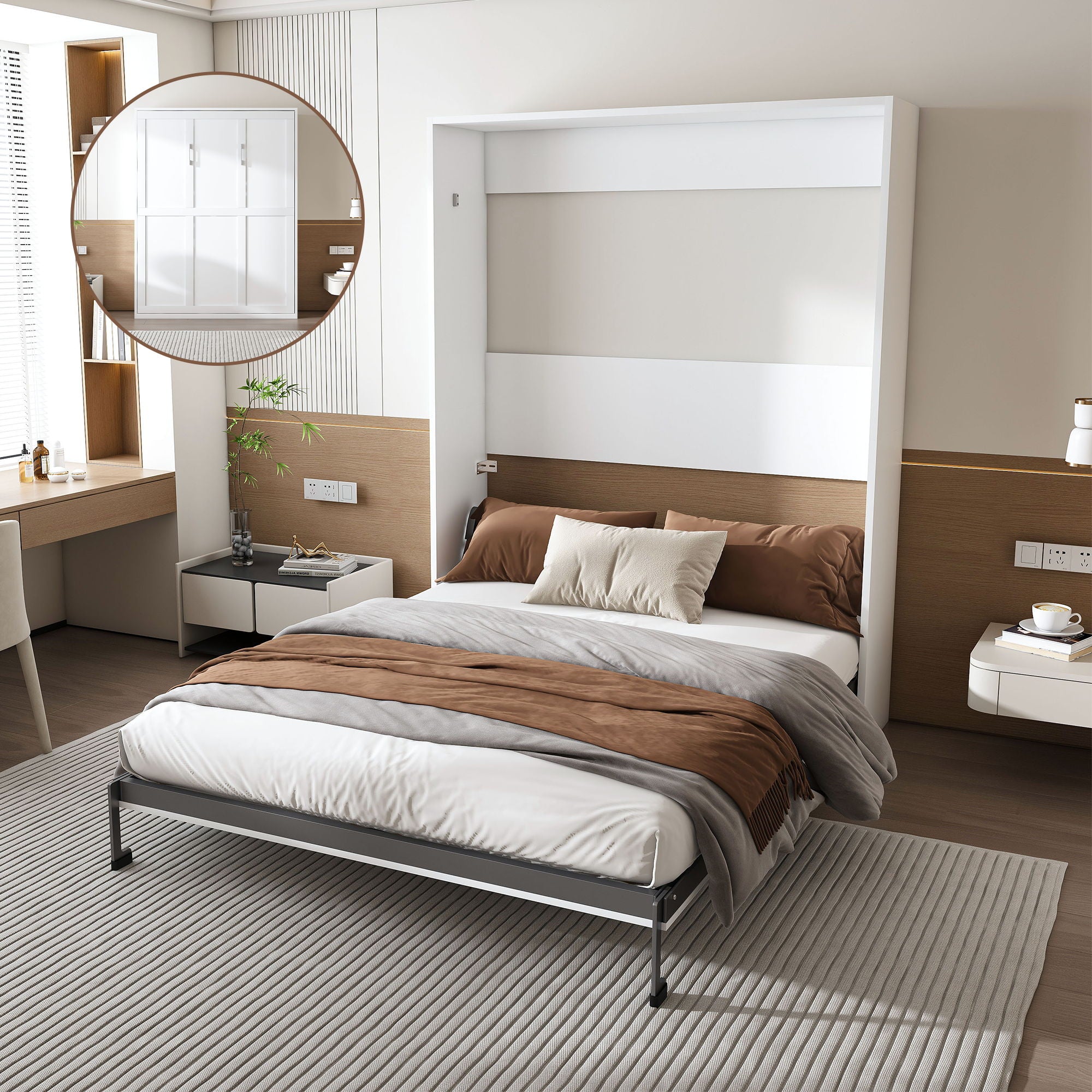 Queen Murphy Bed, Foldable Wall Bed, Space Saving Design For Bedrooms - White