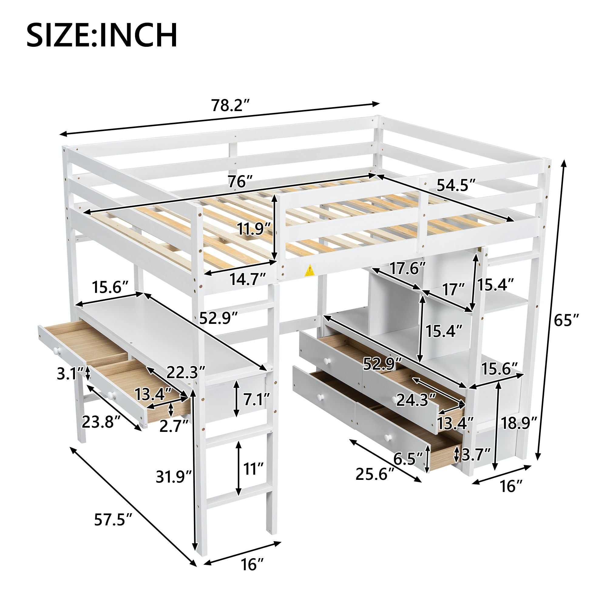 Full Size Loft Bed With Built In Desk, 2 Drawers, Storage Shelves - White