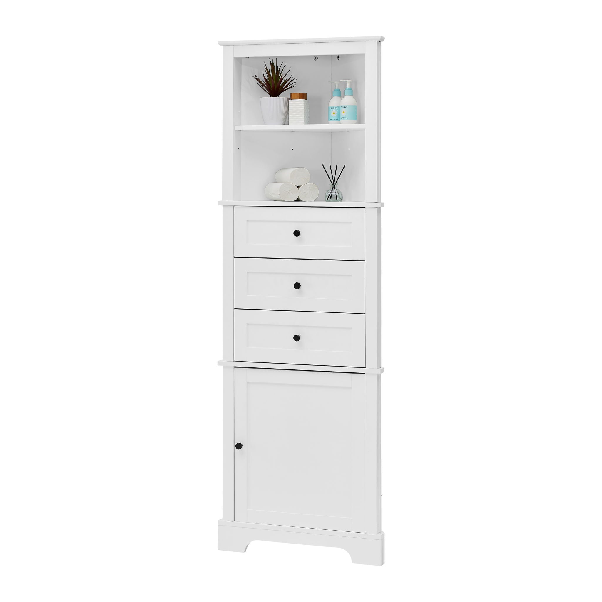 Tall Storage Cabinet With 3 Drawers And Adjustable Shelves For Bathroom