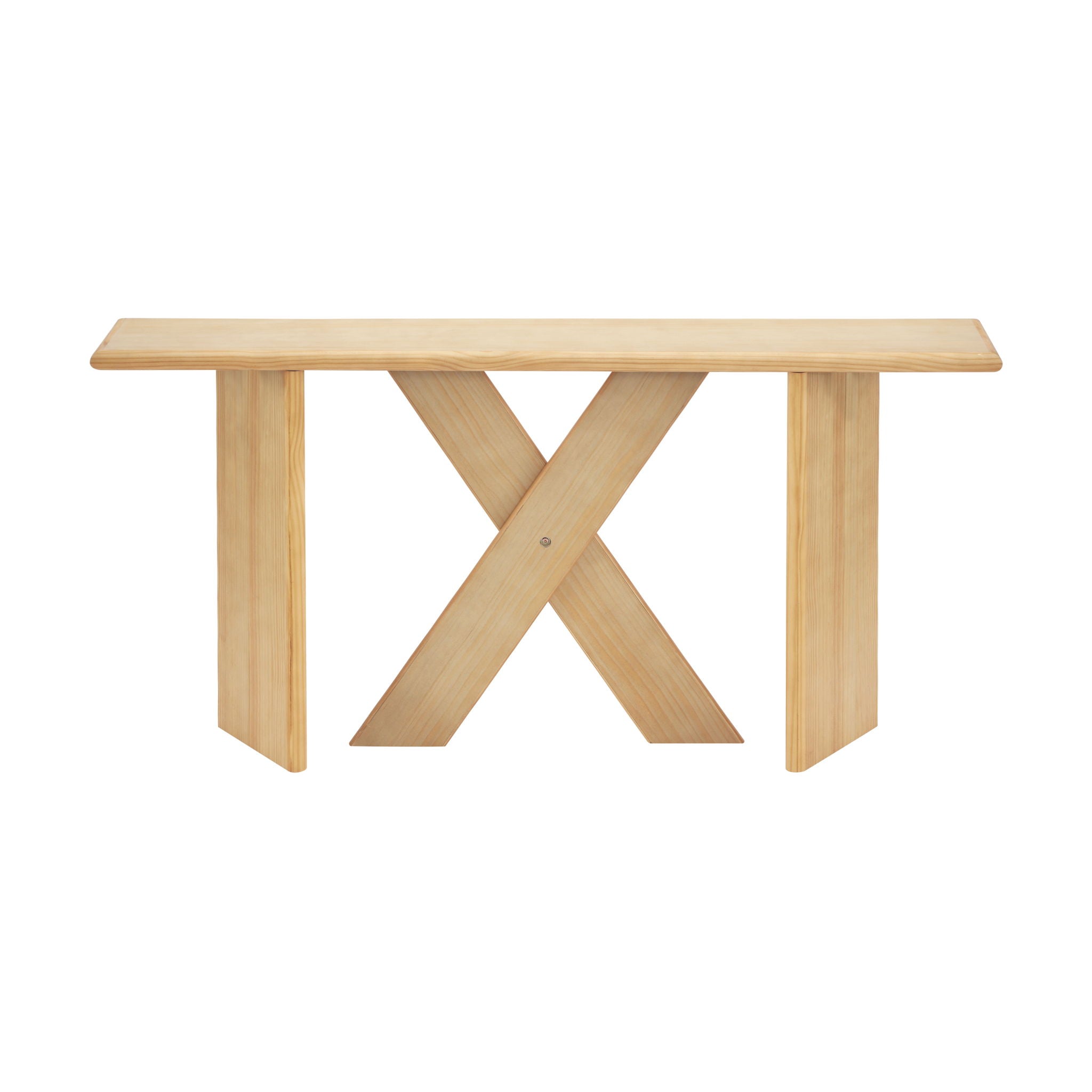 X-Frame Console Table, Angled Cross Leg Design, Rounded Edges - Natural
