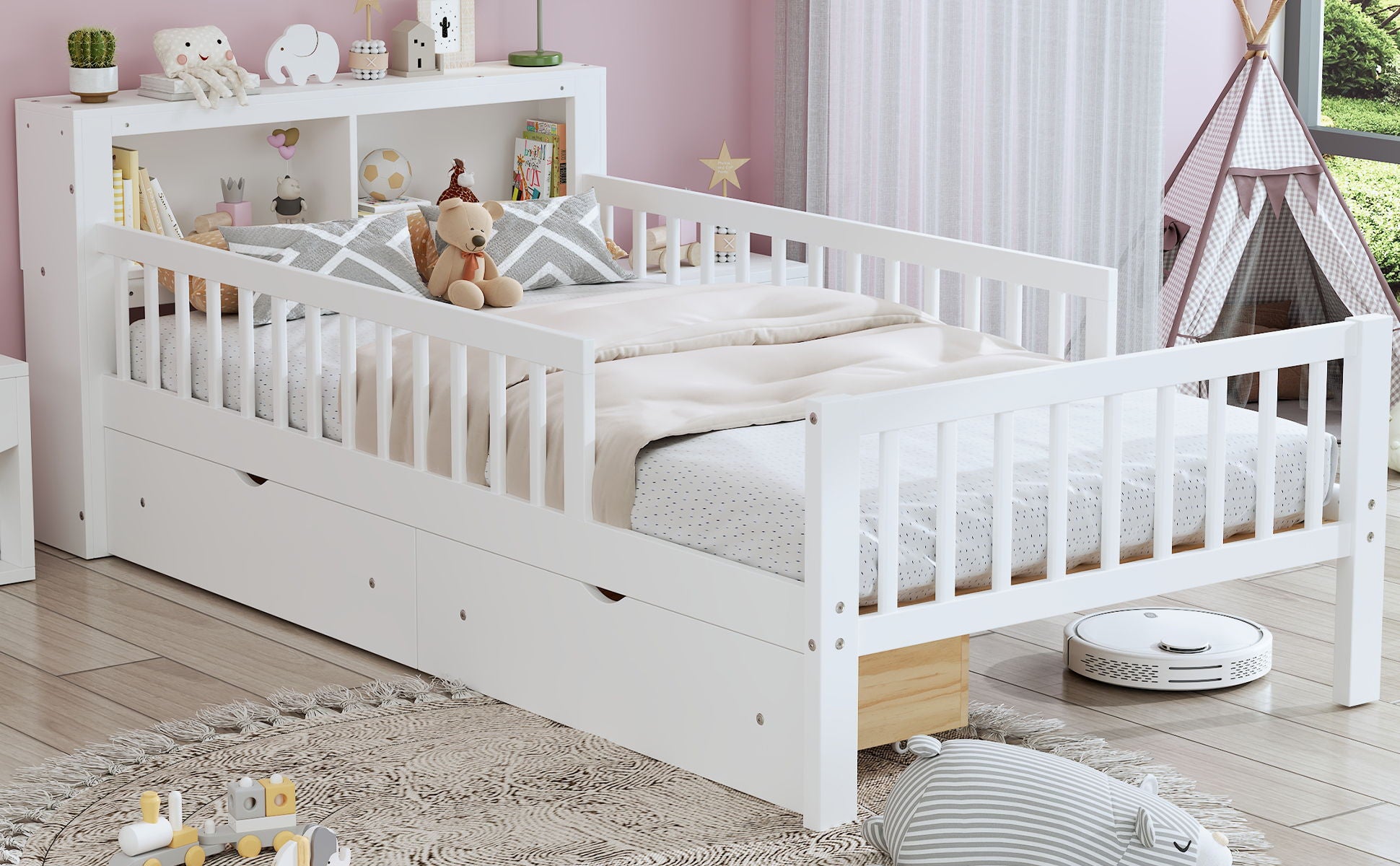 Bed With Headboard Storage Rack, 2 Under Bed Drawers, 3 Side Guardrails For Safety