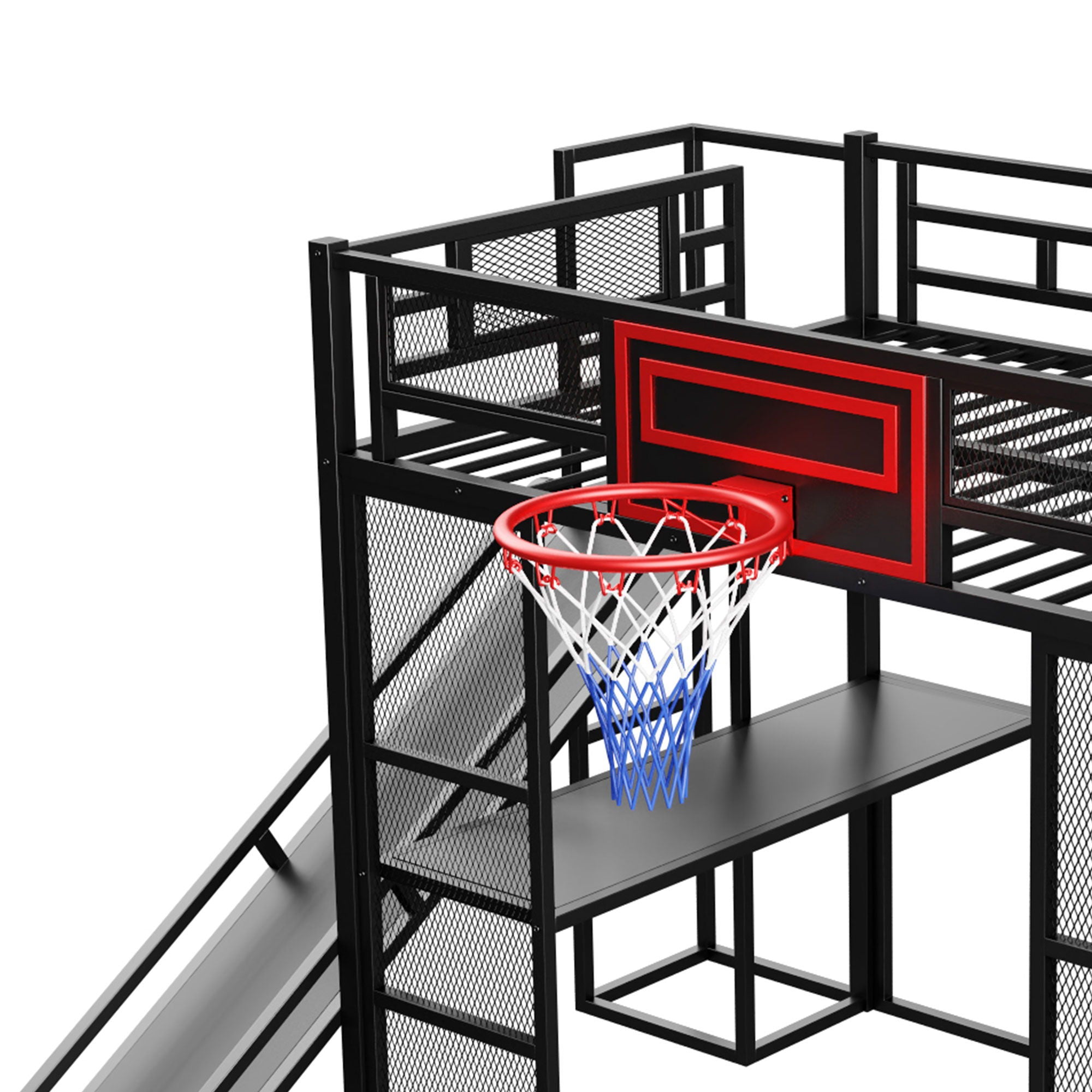 Loft Bed With Built In Desk, Open Wardrobe, Basketball Hoop, Slide And Staircase