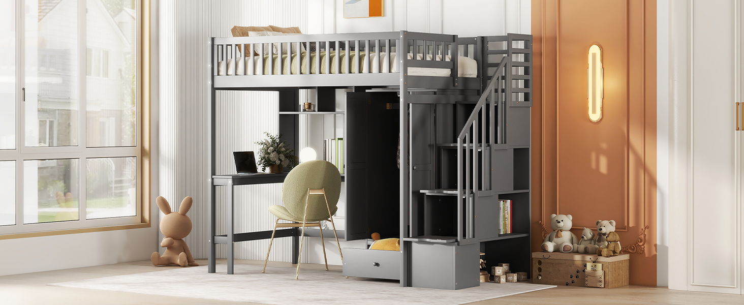 Loft Bed With Bookshelf, Drawers, Desk, And Wardrobe