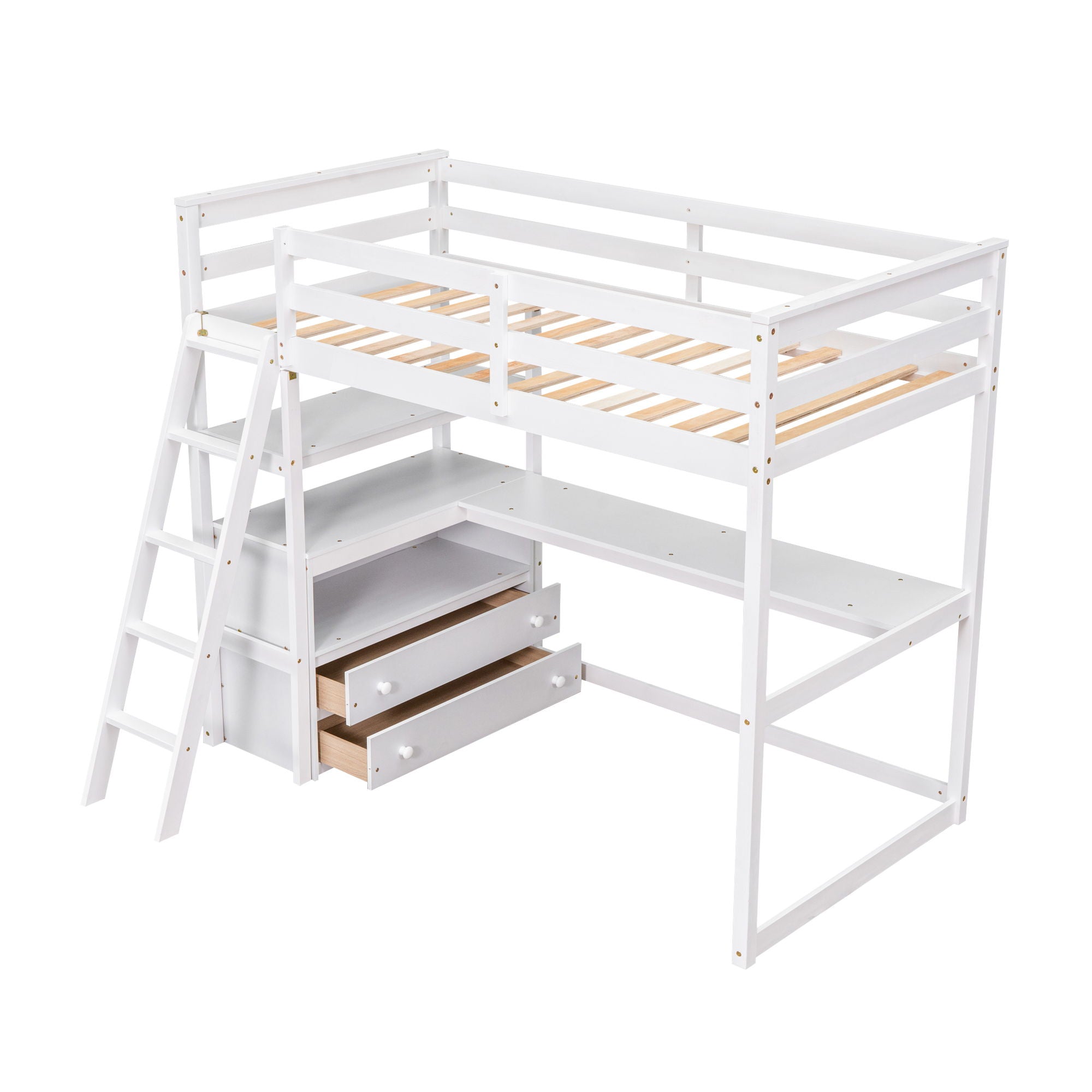 Modern Loft Bed With Built In Desk, Shelves, And 2 Drawers