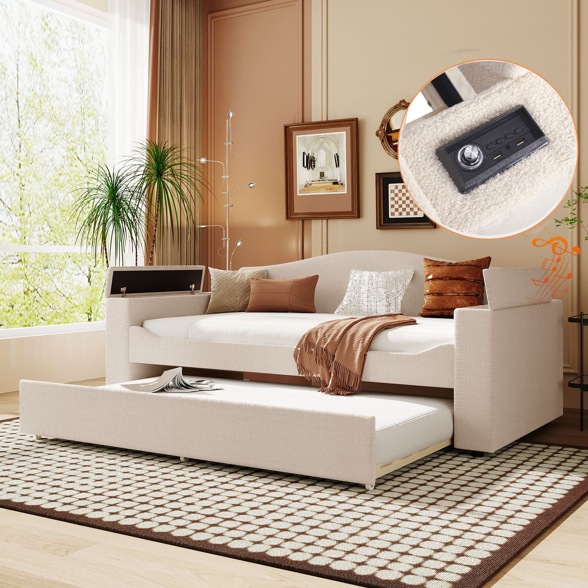 Upholstered Daybed With Storage Armrests, Trundle And Latest Integrated tooth Audio System