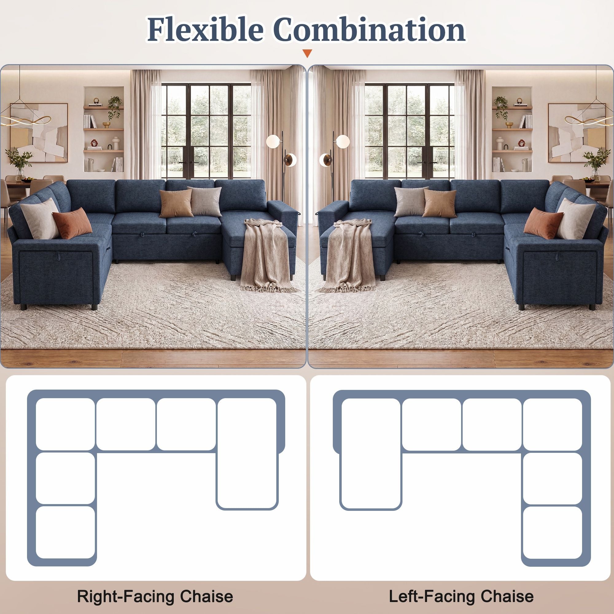 U - Shaped Convertible Sectional Sofa Bed With Storage, USB Charger & Cup Holders