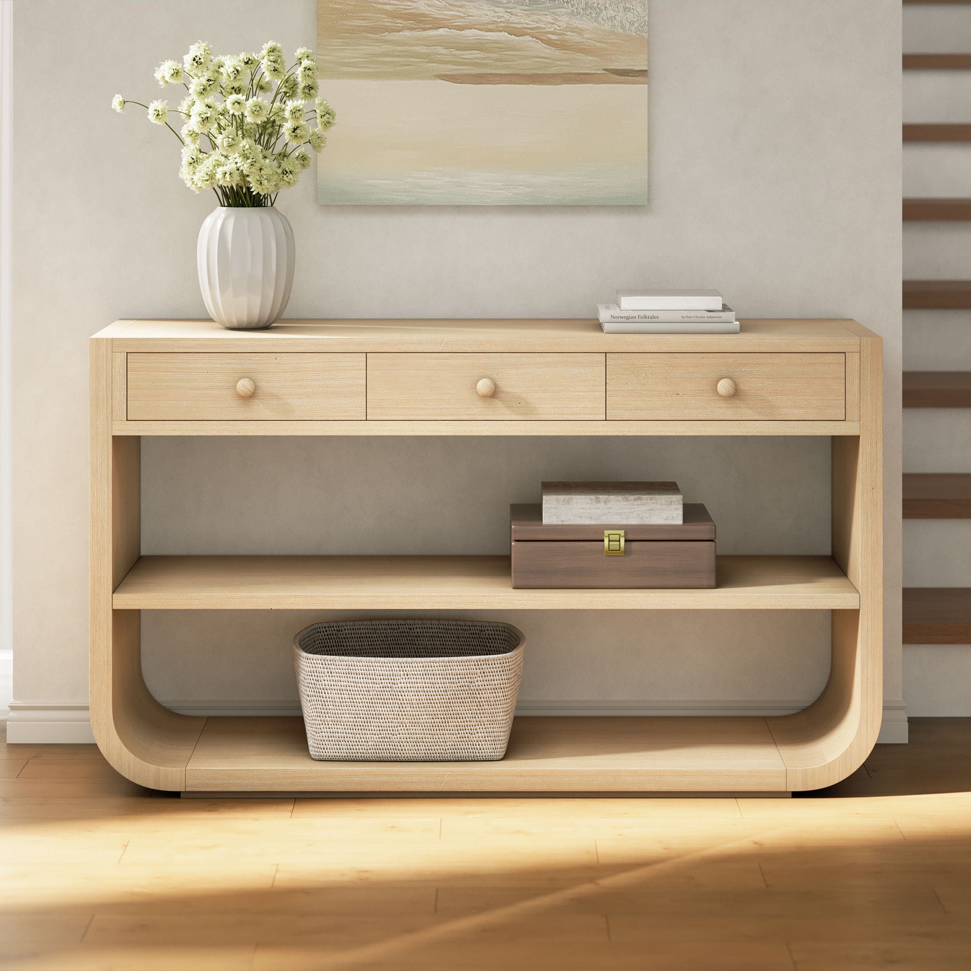 Console Table With 3 Soft Close Drawers & 2 Open Shelves - Natural