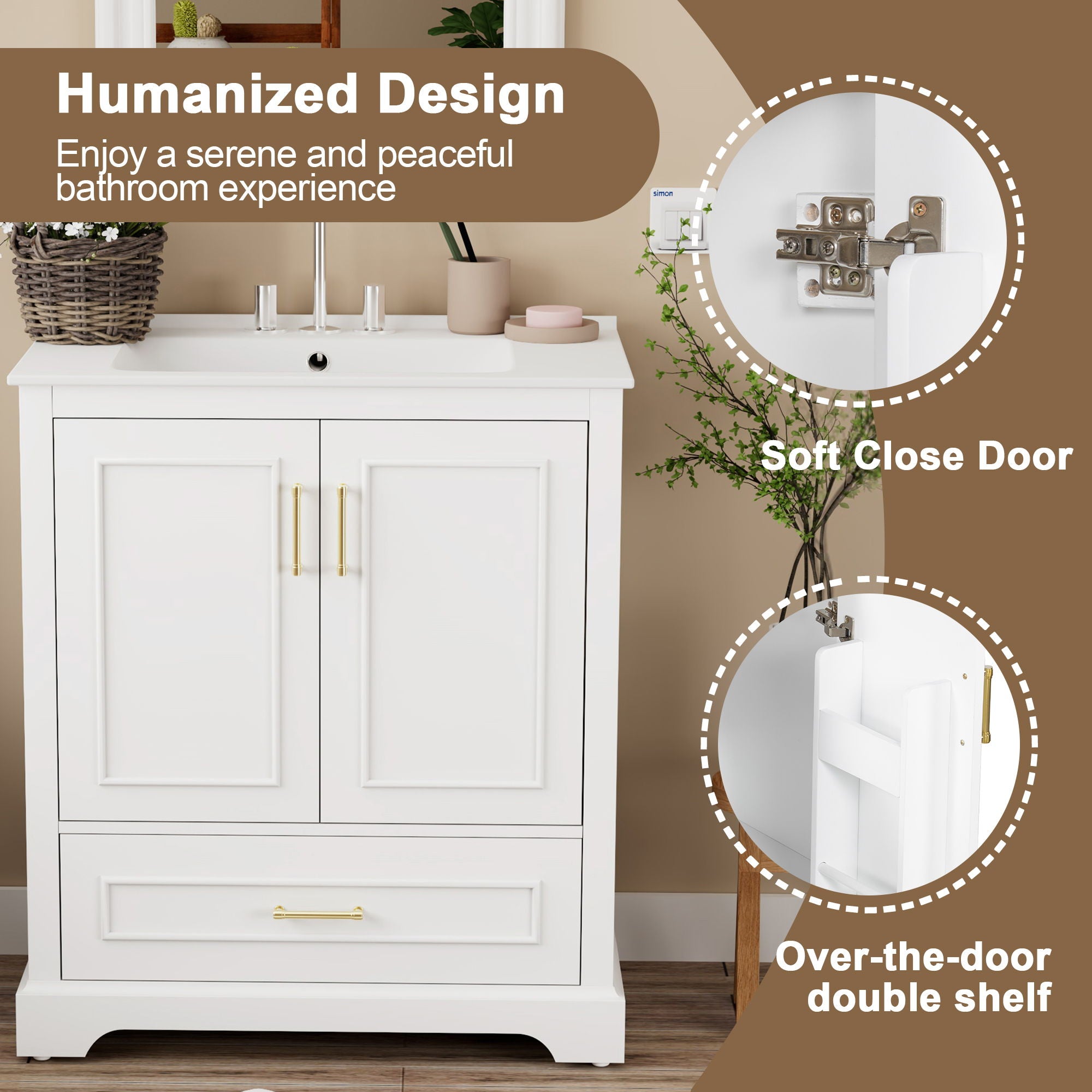 Bathroom Vanity With Sink, 1 Divided Drawer And 2 Soft Close Doors With Double Shelf