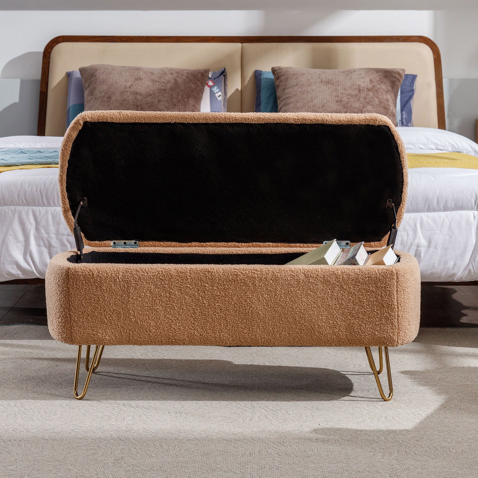 Storage Ottoman Bench For End Of Bed Legs, Modern Camel Faux Fur Entryway Bench Upholstered Padded With Storage For Living Room Bedroom
