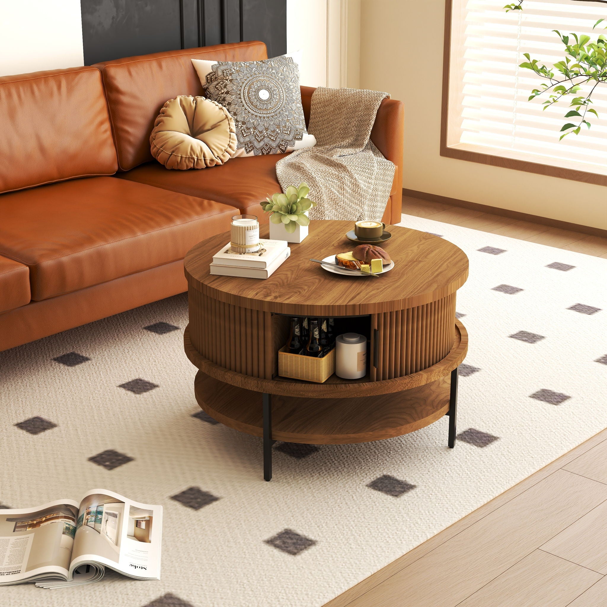 Flip-Top Round Coffee Table With Storage - Brown