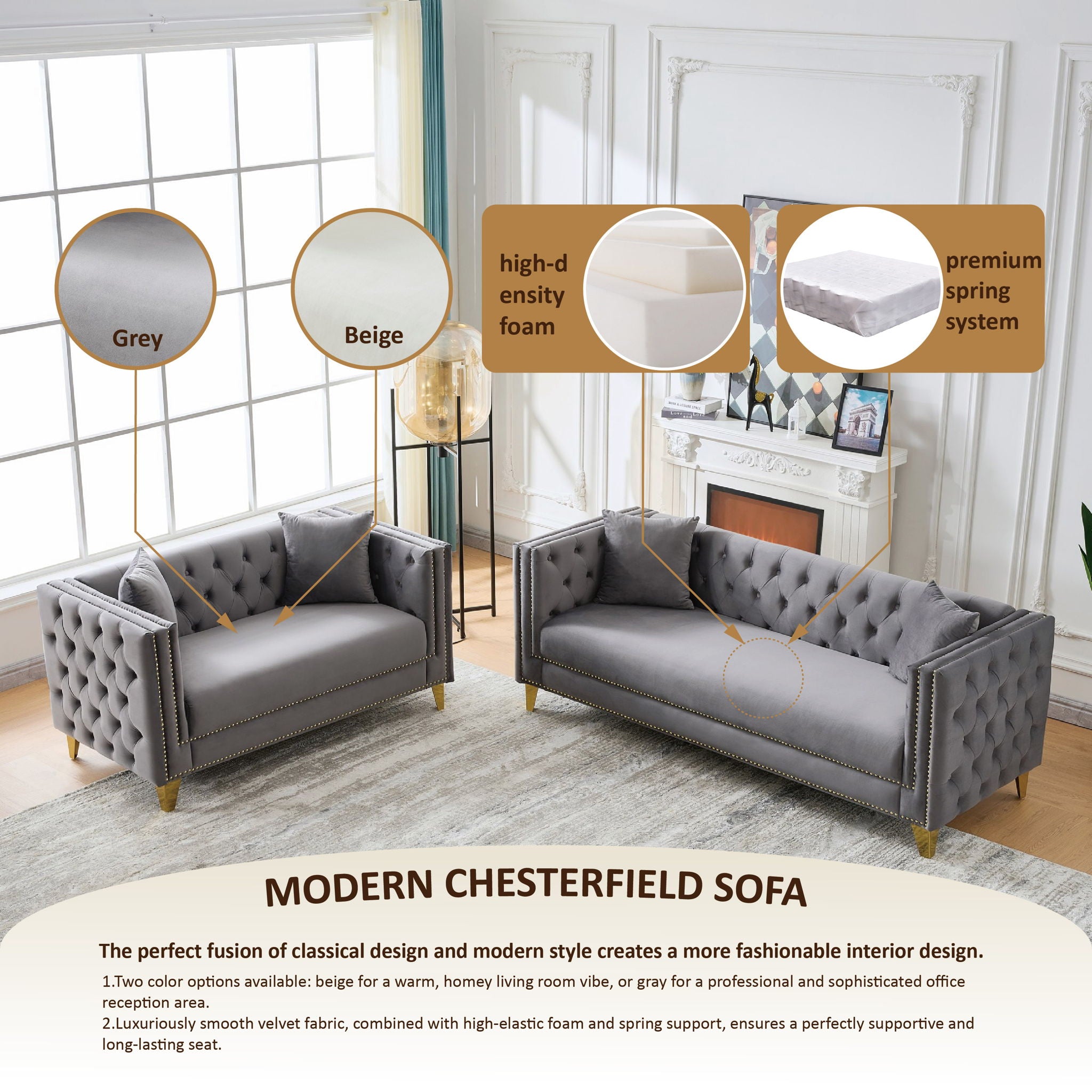 2 Seater Deep Seat Sofa With Button Nailhead, Square Arm