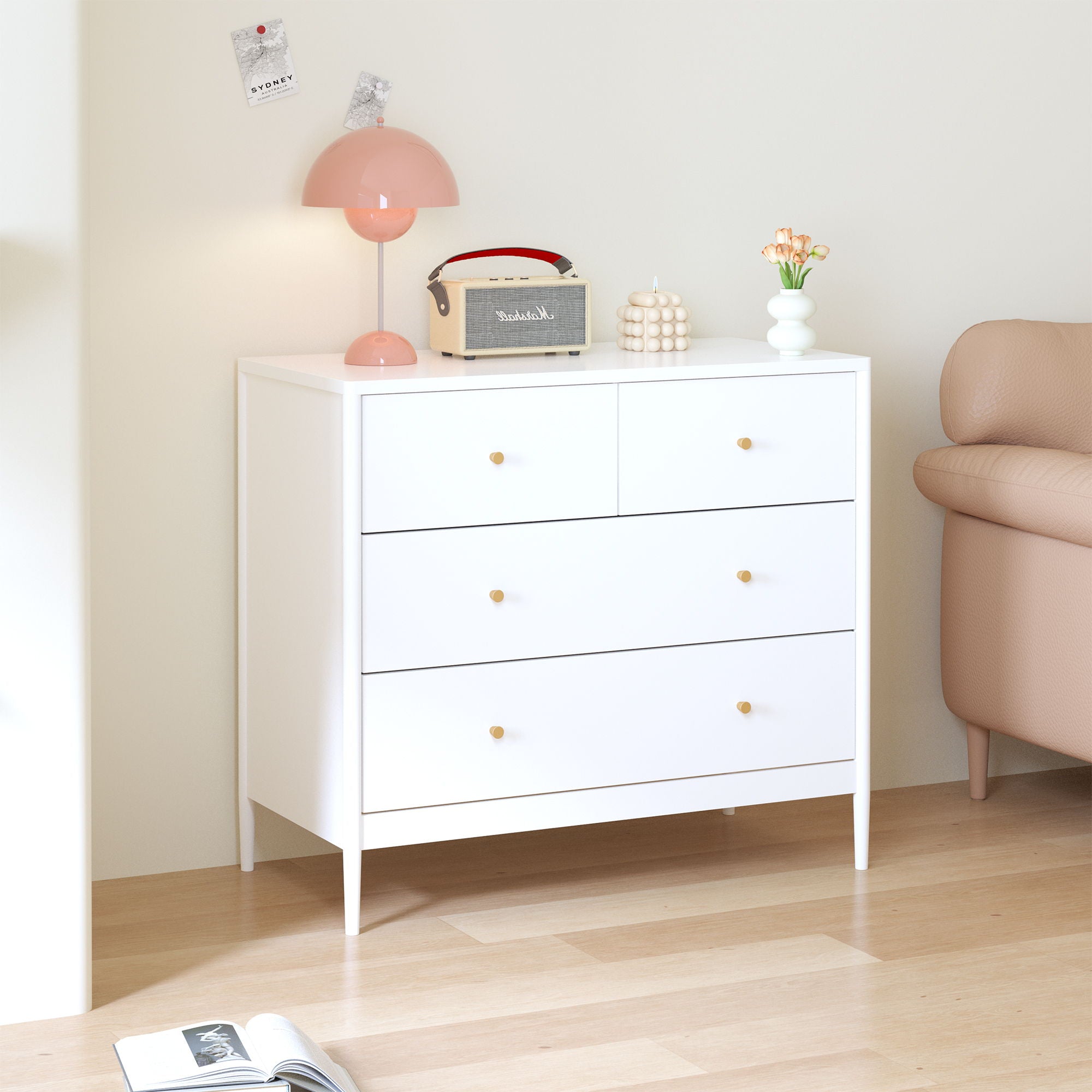 4 Drawer Kids Dresser With Antique Brass Pulls - White