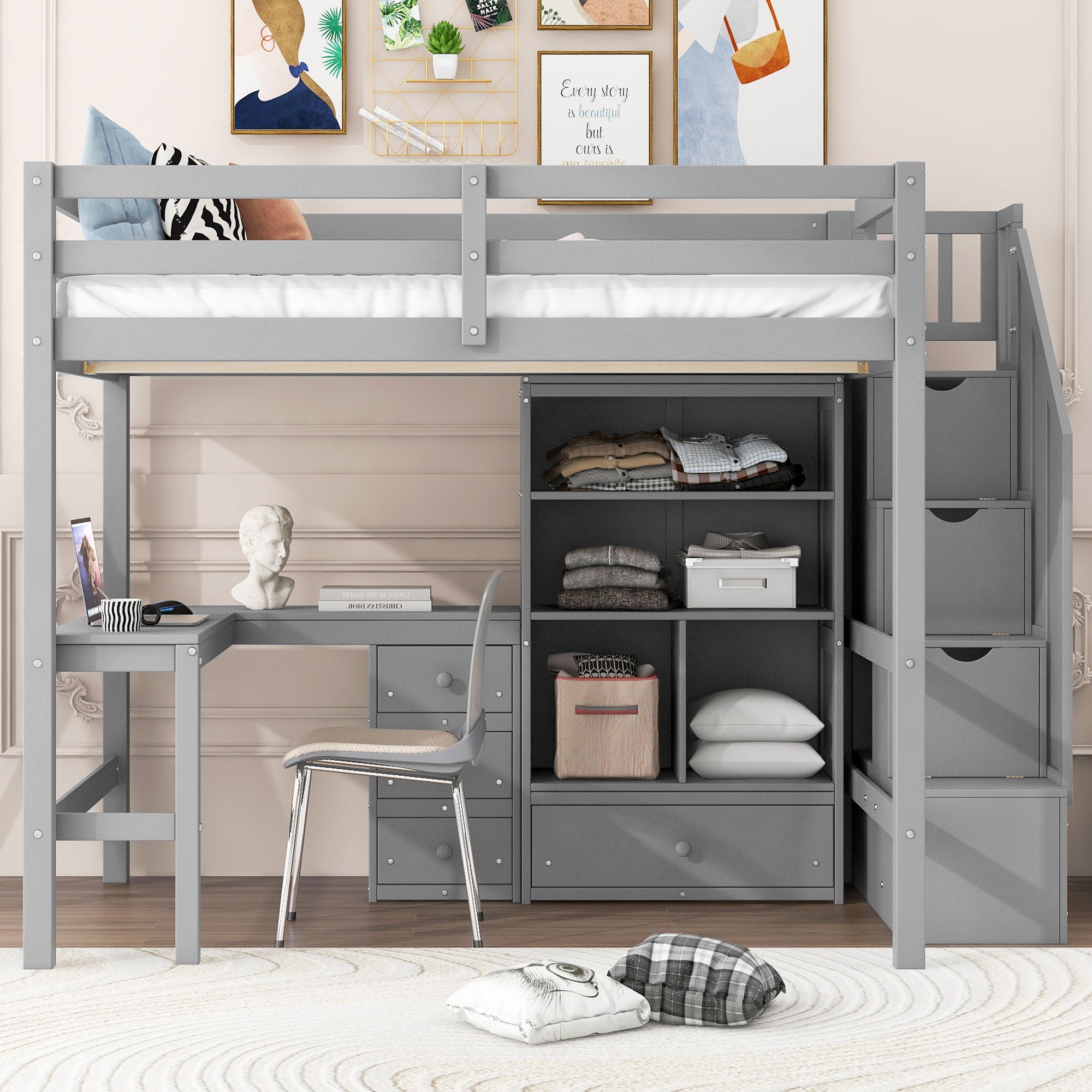 Loft Bed & L Shaped Desk, Drawers, Cabinet, And Storage Staircase
