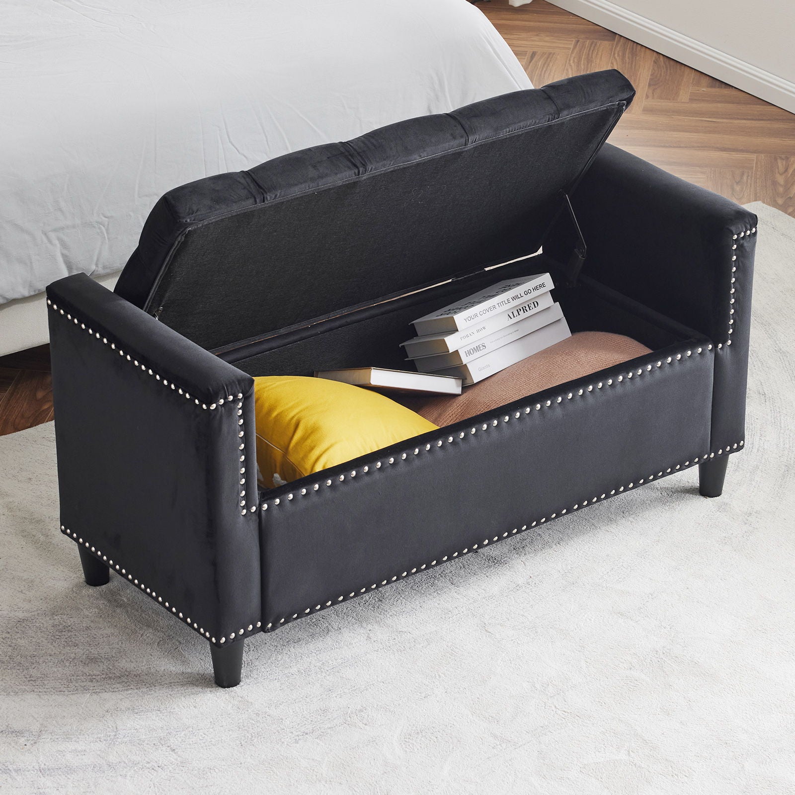 Queen Button Bedside Storage Bench With Armrests, Nailhead Trim
