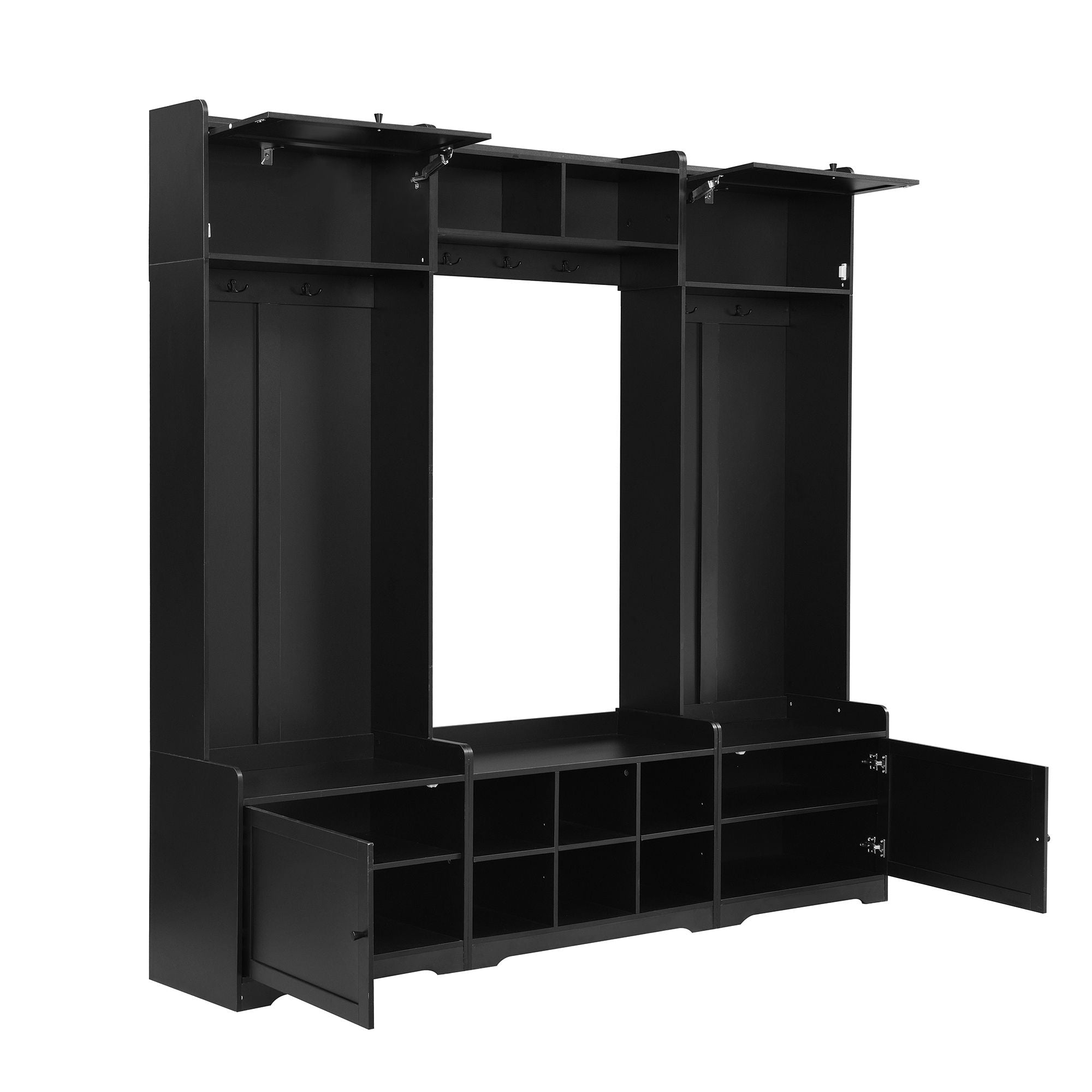 Wide Hall Tree With Shoe Storage, 4 In 1 Entryway Bench With 8 Cubbies, 7 Coat Hooks & Adjustable Shelf For Hallway - Black