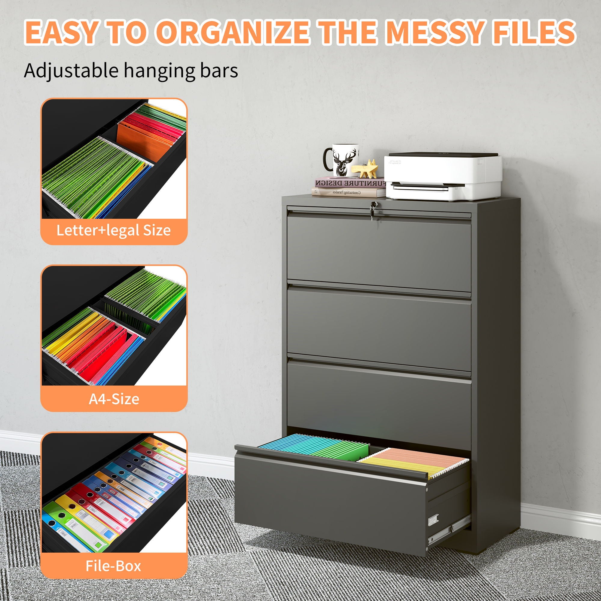 Lateral File Cabinet, Heavy Duty Filing Holds Letter/Legal/A4 Files