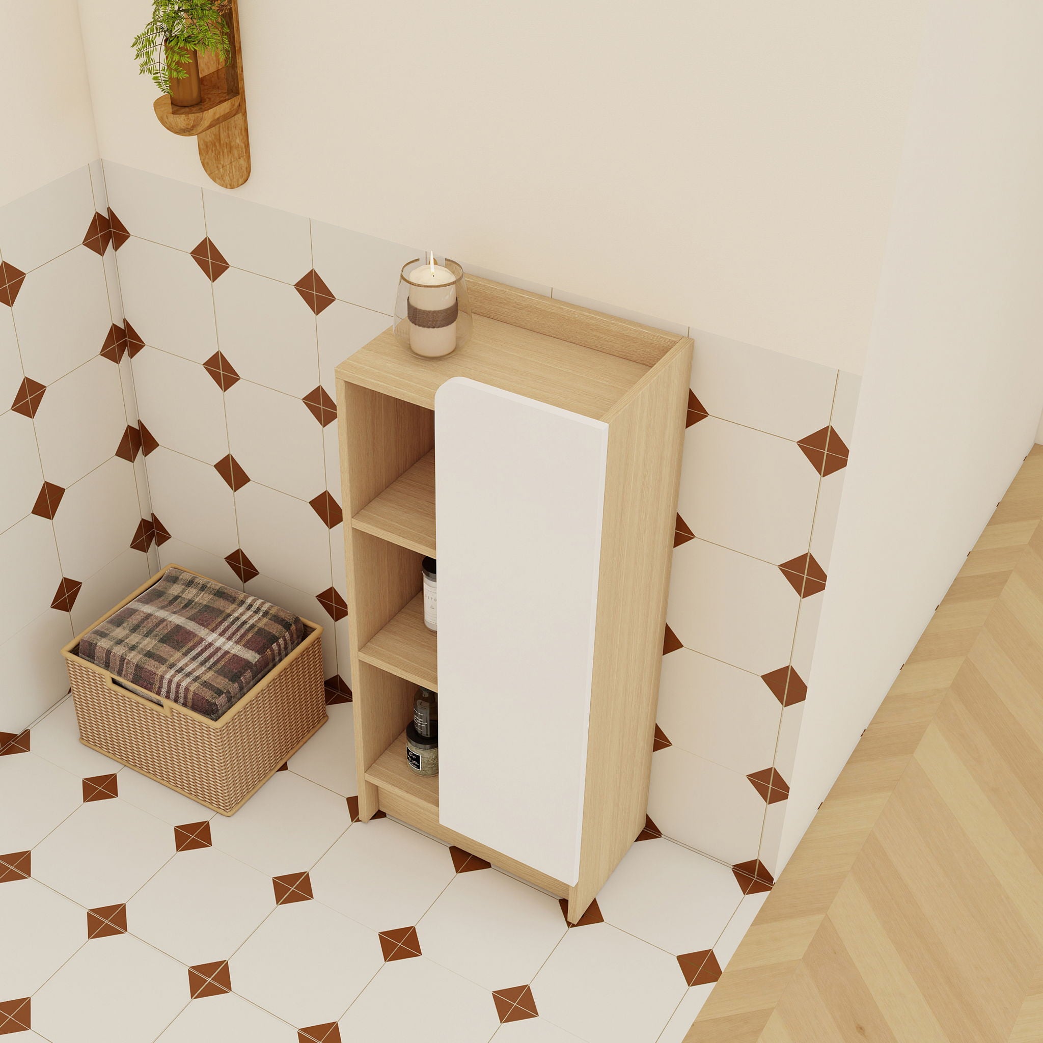 Freestanding Bathroom Side Cabinet, Narrow Storage Cabinet With Single Door & 3 Tier Open Shelves - Black / Light Oak / White