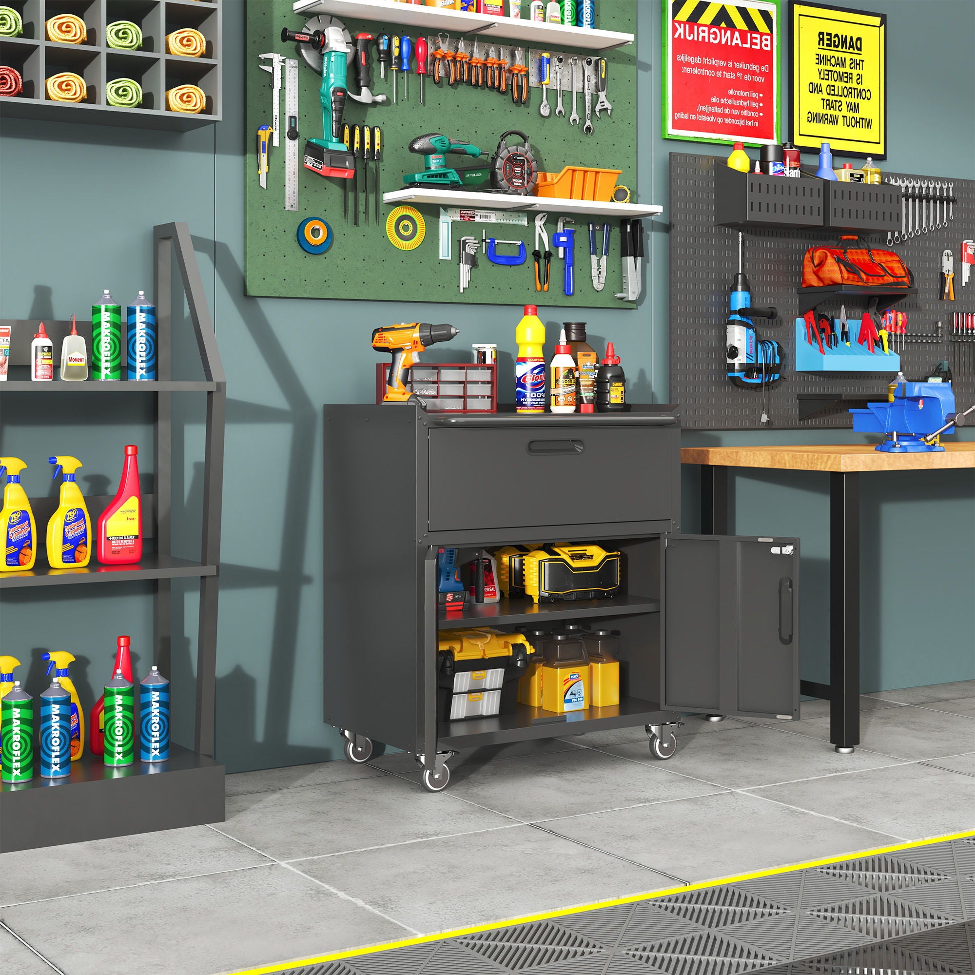 Sturdy And Durable Metal Tool Cabinet For Garage With Wheels Mobile Heavy Duty Storage Cabinet With 1 Drawer And 2 Locking Doors