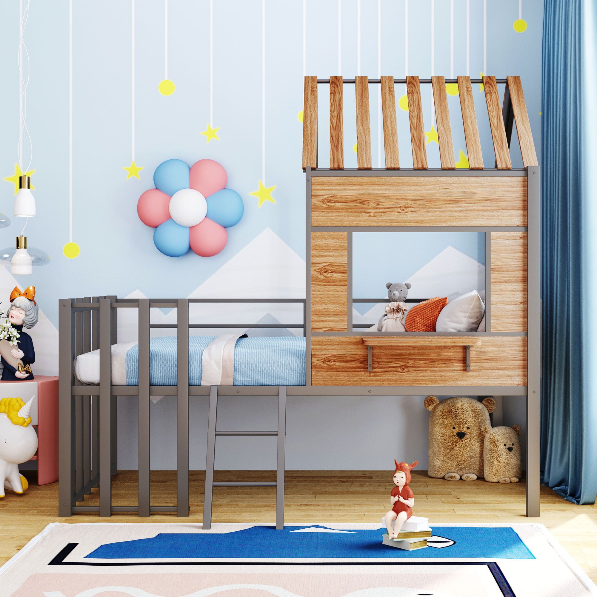 Loft Bed With Roof, Window, Guardrail, Ladder