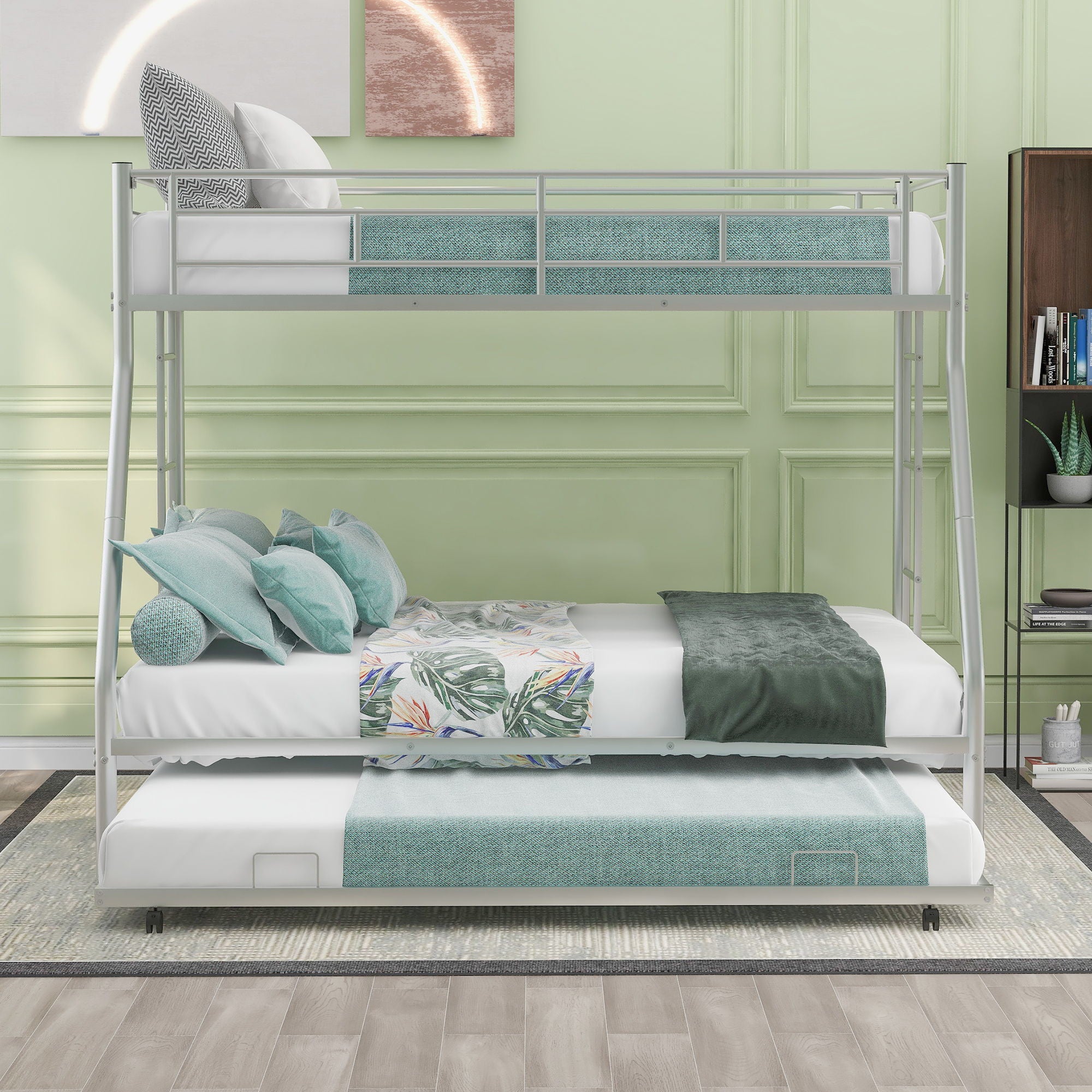 Bunk Bed With Steel Frame And Trundle, 2 Side Ladders