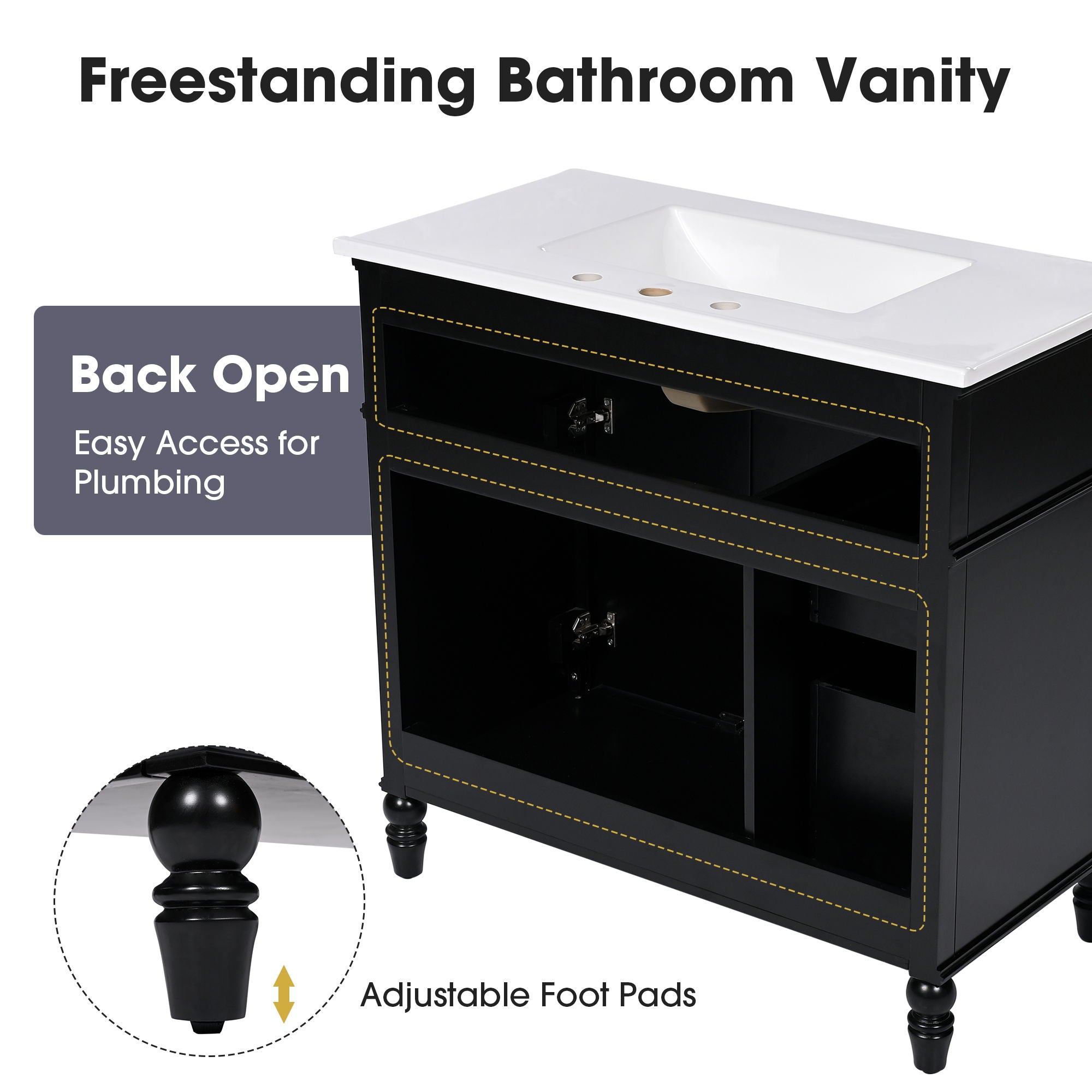 36" Bathroom Vanity With Sink, Freestanding Cabinet With Drawers, 2 Package - Black