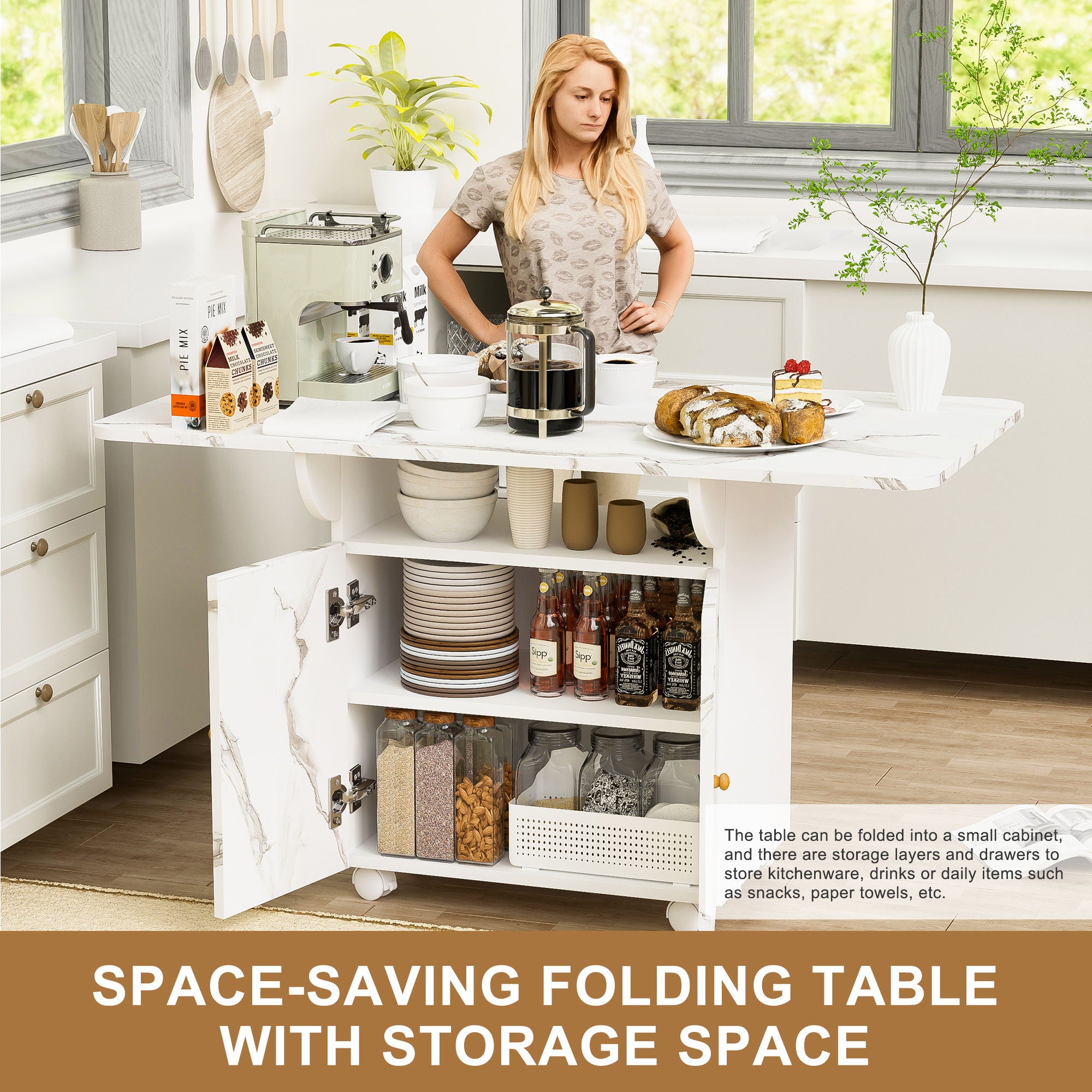 Versatile Marble Folding Dining Table With Storage Rack And Cabinet, 6 Wheels - White