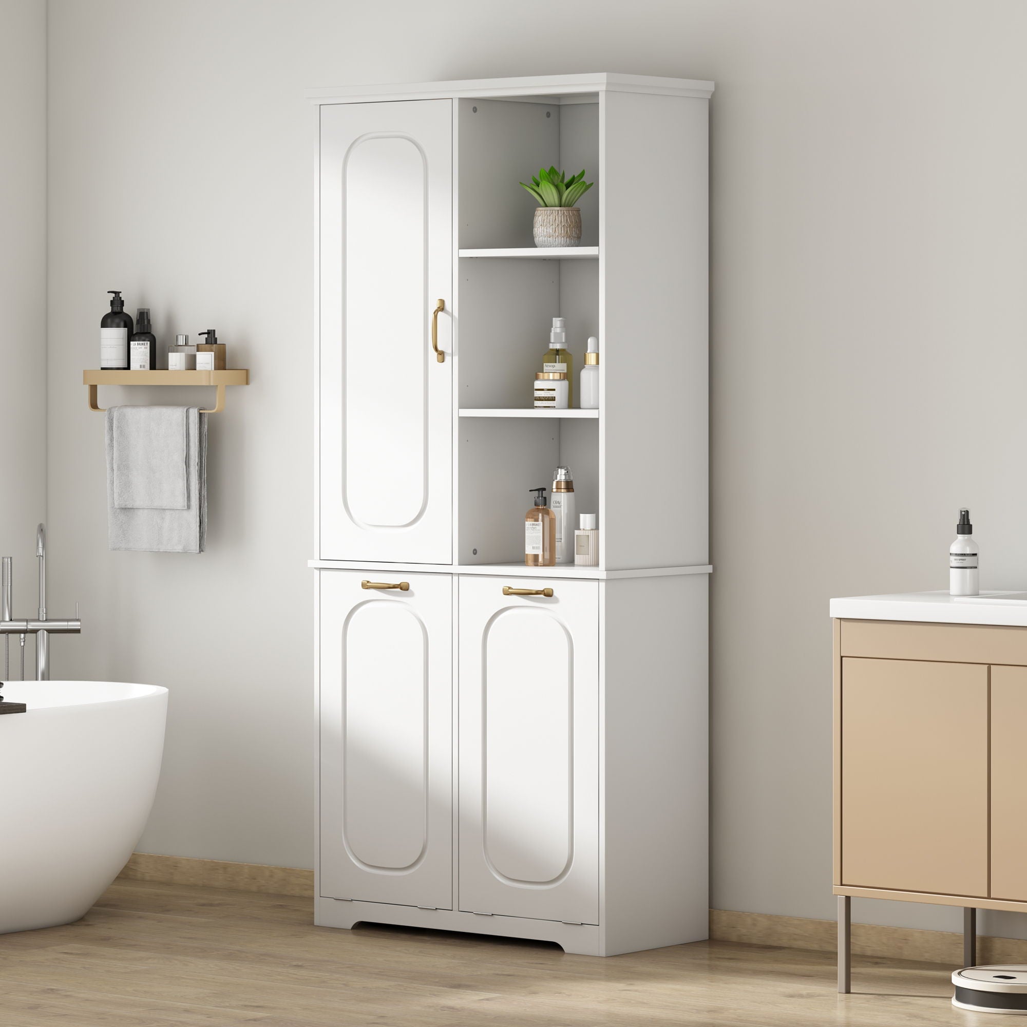 Freestanding Tall Storage Cabinet With 2 Tilt Out Hampers, Adjustable Shelves, Soft Close Door, Door Mounted Organizer - White
