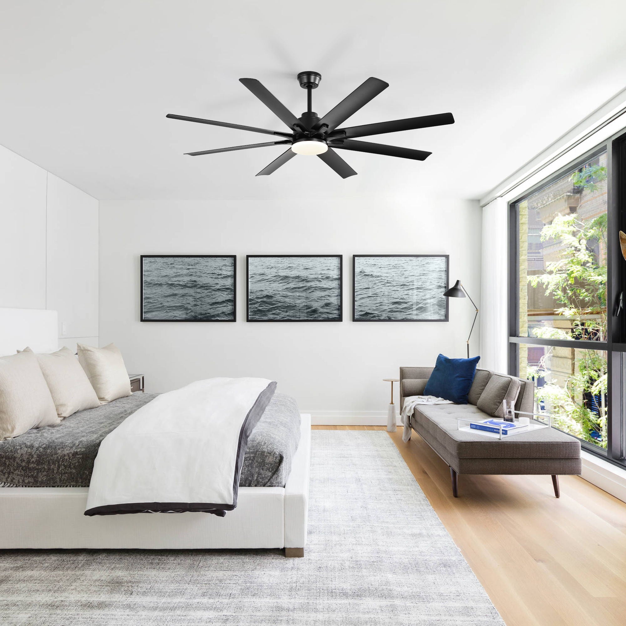 Smart Ceiling Fan With 8 Blades, Voice Remote Control, 6 Wind Speeds, Reversible DC Motor, 3 Color Lighting - Black