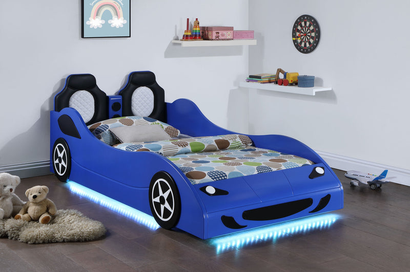 Cruiser Wood  LED Race Car Bed and 7-inch Mattress Blue