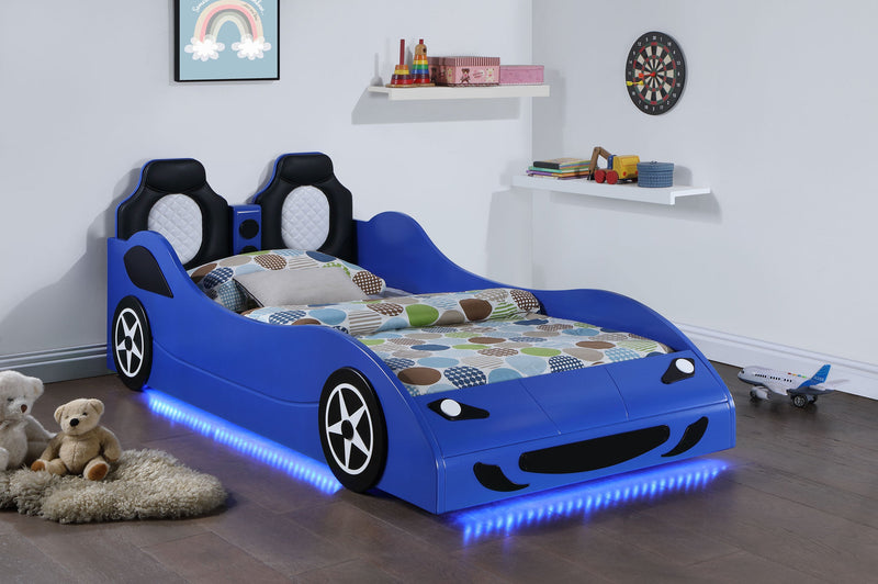 Cruiser Wood  LED Race Car Bed and 7-inch Mattress Blue