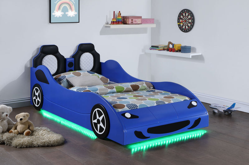 Cruiser Wood  LED Race Car Bed and 7-inch Mattress Blue