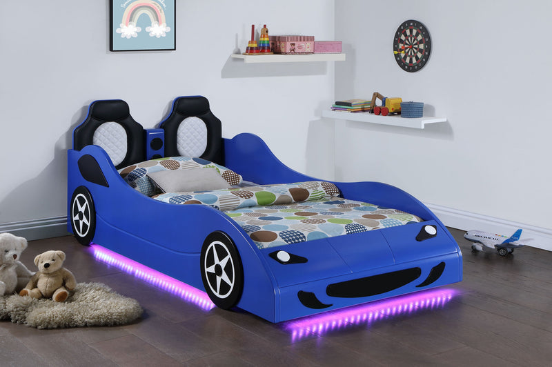 Cruiser Wood  LED Race Car Bed and 7-inch Mattress Blue