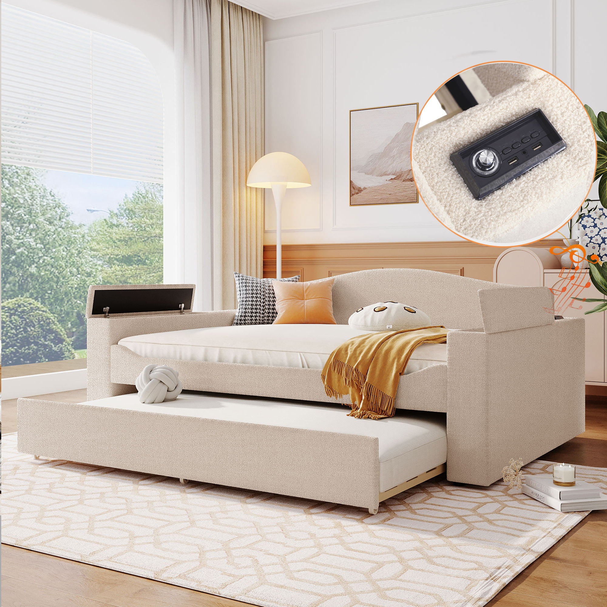 Upholstered Daybed With Storage Armrests, Trundle And Latest Integrated tooth Audio System