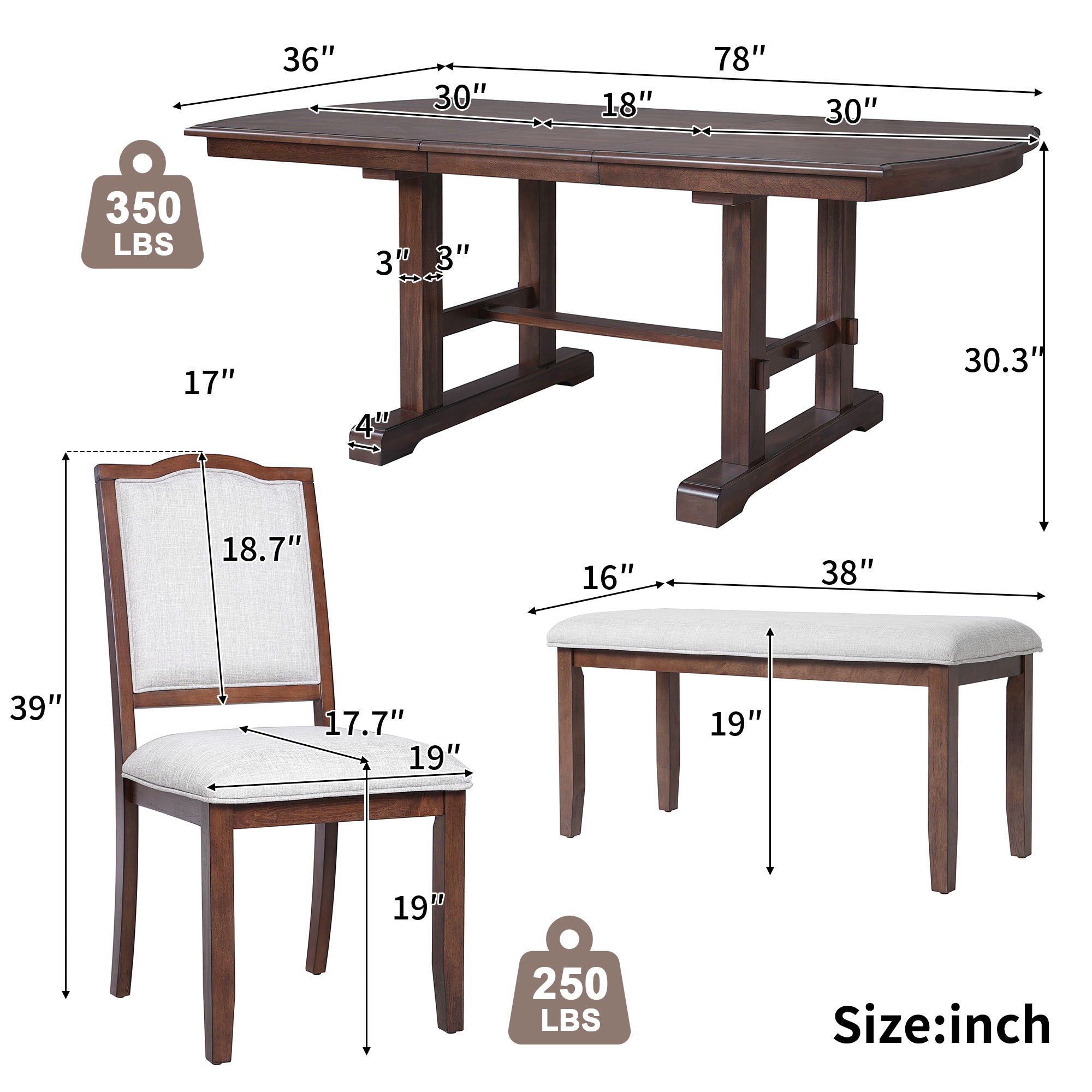 6 Piece Extendable Dining Table Set, Wood Table With Removable Leaf, 4 Upholstered Chairs And Bench - Cherry
